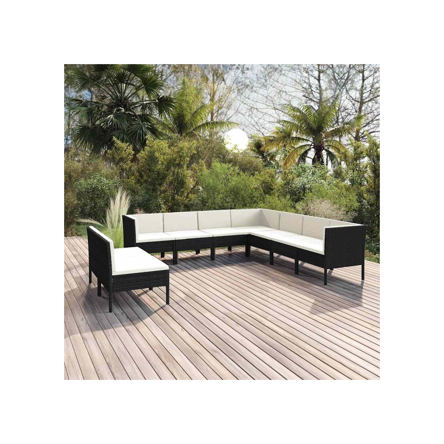 Salon de jardin 9 pcs avec coussins Résine tressée Noir