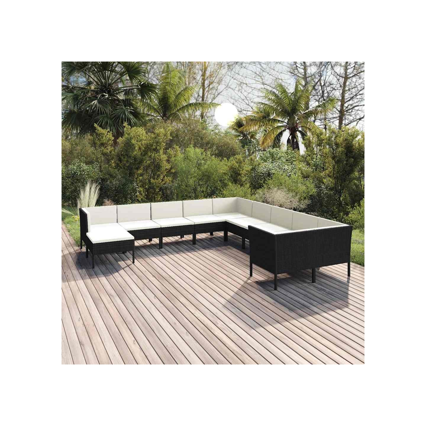Salon de jardin 11 pcs avec coussins Résine tressée Noir