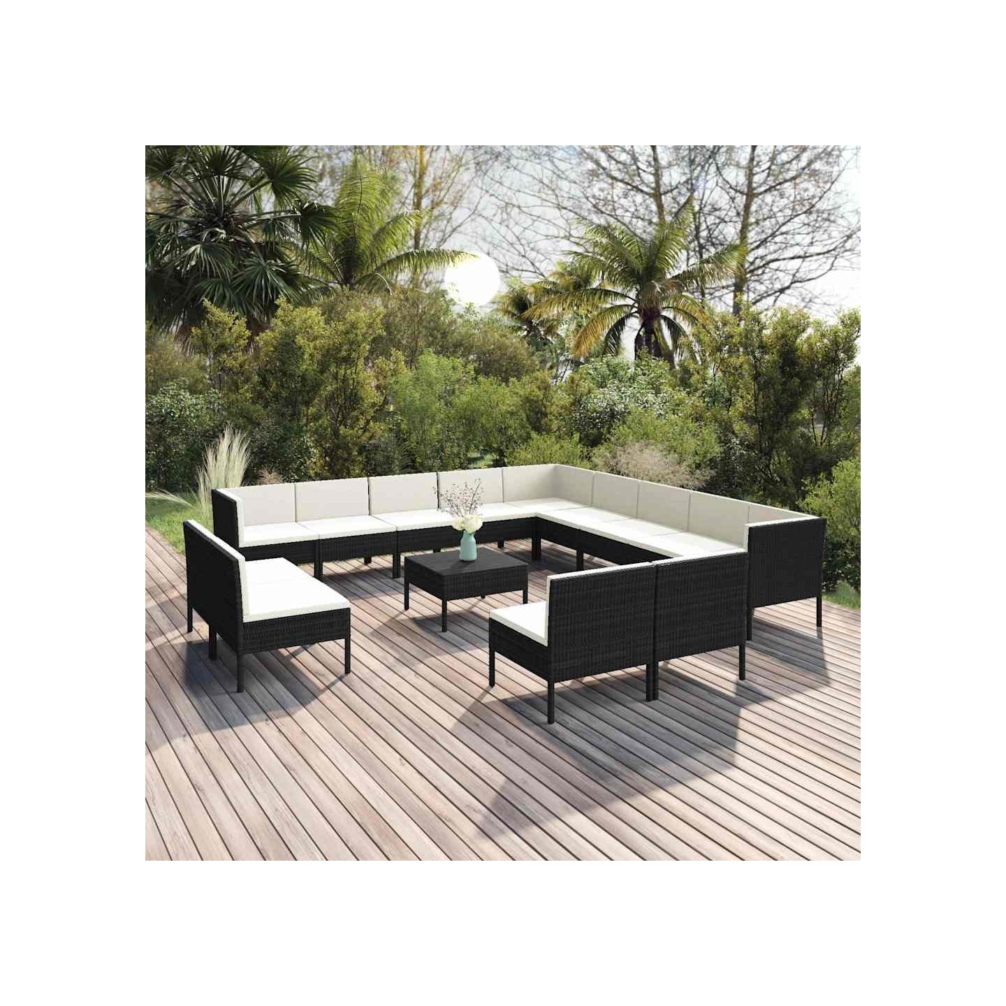 Salon de jardin 14 pcs avec coussins Résine tressée Noir