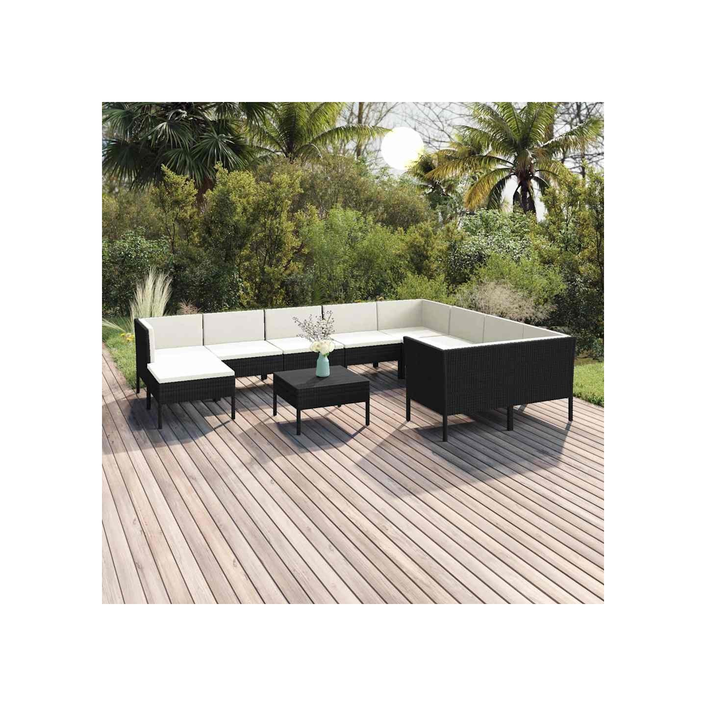 Salon de jardin 11 pcs avec coussins Résine tressée Noir