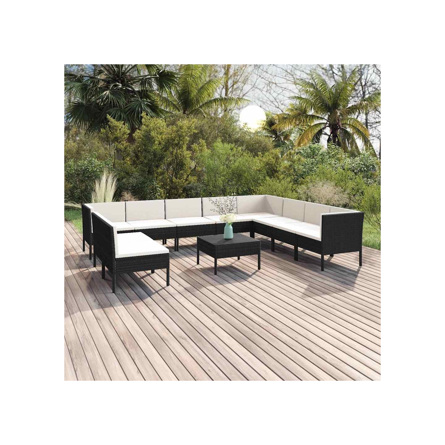 Salon de jardin 11 pcs avec coussins Résine tressée Noir