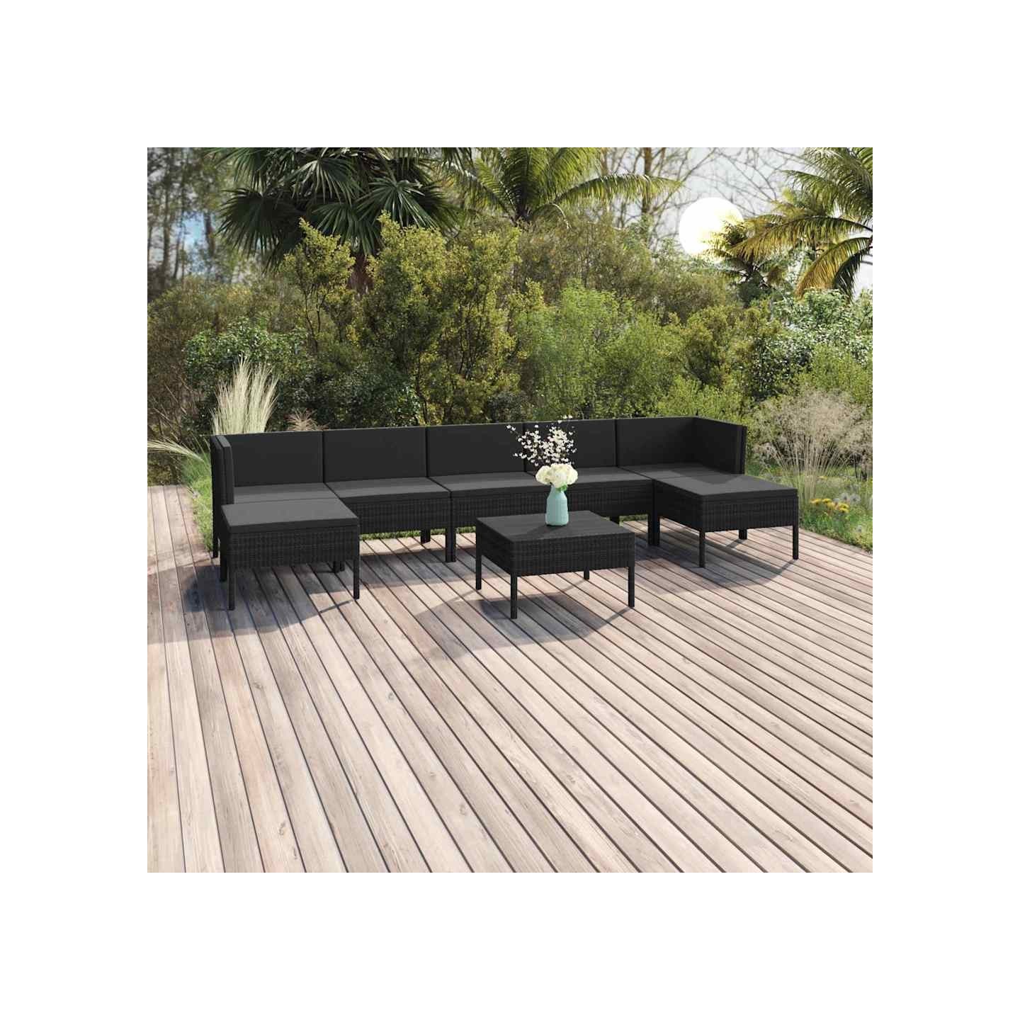Salon de jardin 8 pcs avec coussins résine tressée noir