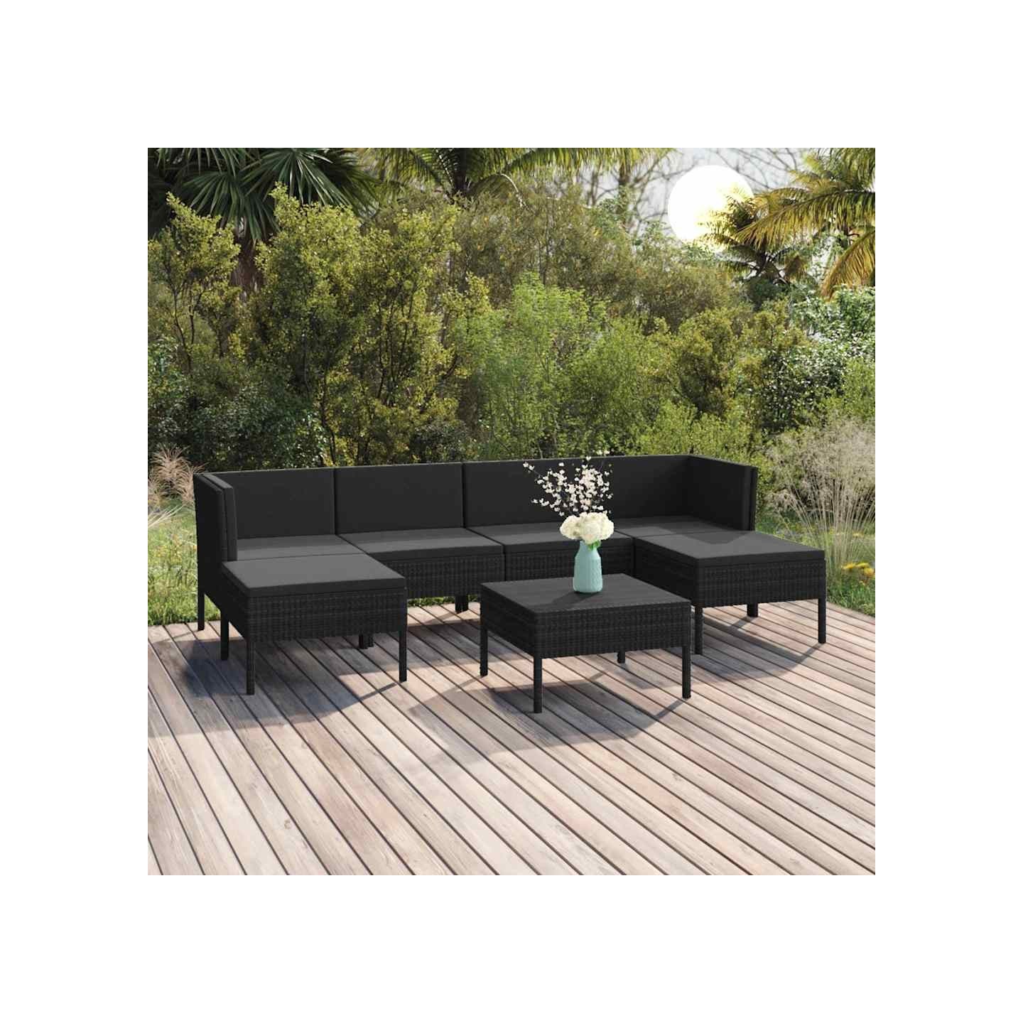 Salon de jardin 7 pcs avec coussins Résine tressée Noir
