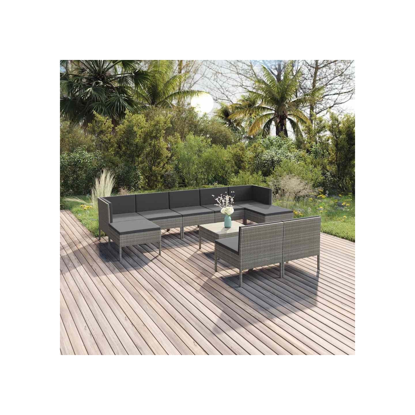 Salon de jardin 10 pcs avec coussins Résine tressée Gris