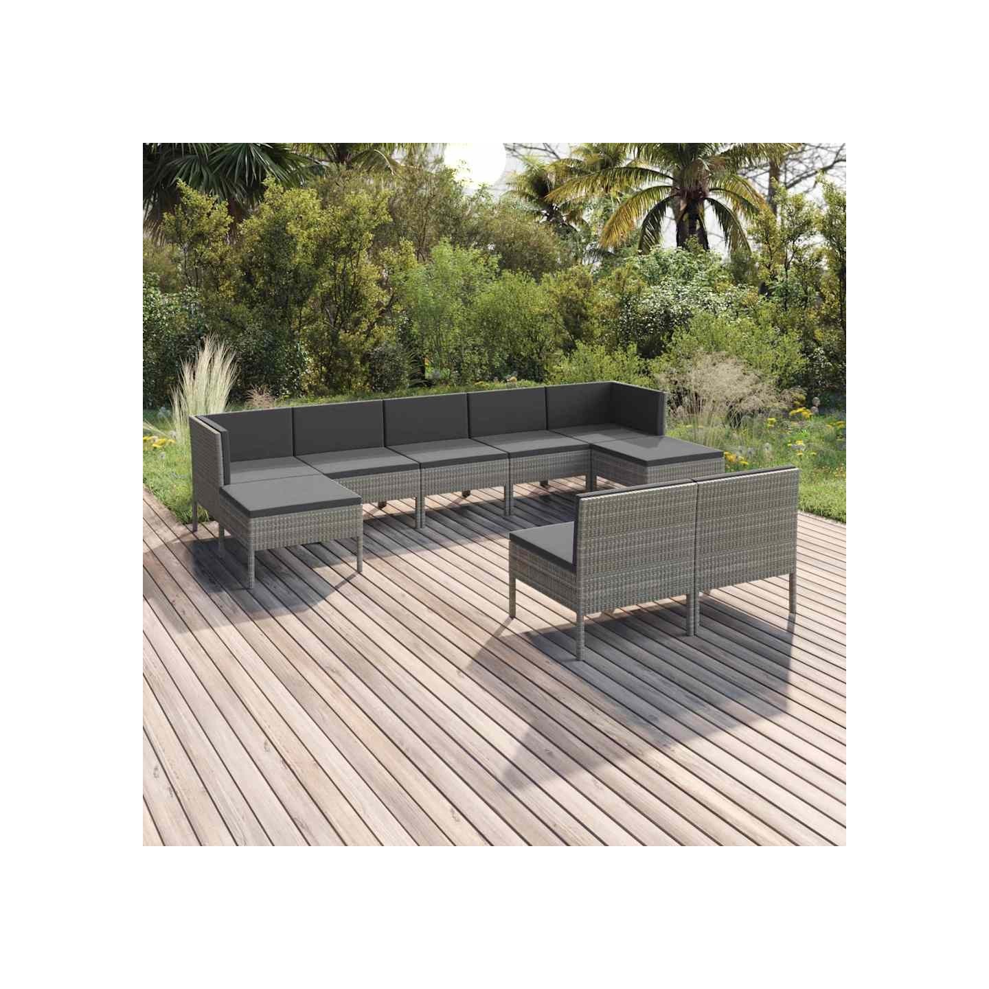Salon de jardin 9 pcs avec coussins Résine tressée Gris