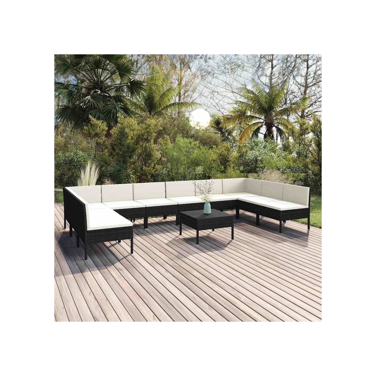 Salon de jardin 11 pcs avec coussins Résine tressée Noir