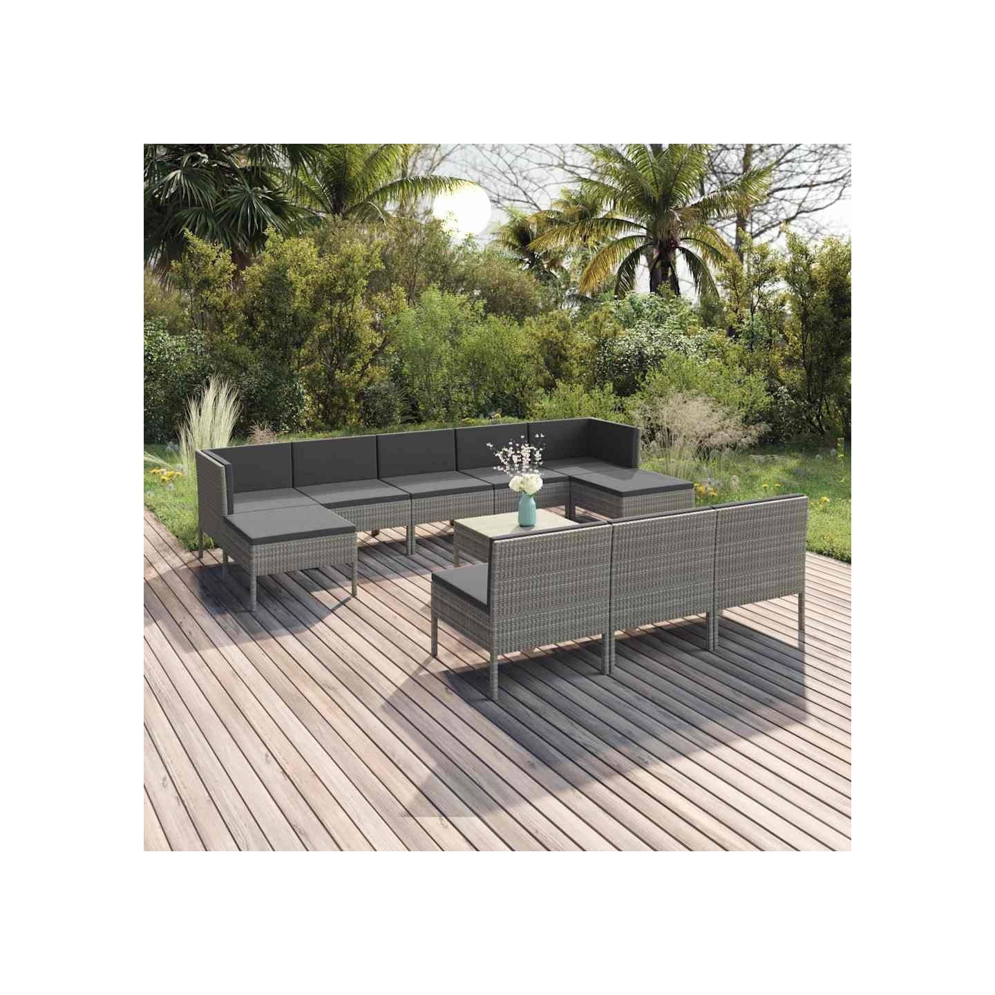 Salon de jardin 11 pcs avec coussins Résine tressée Gris