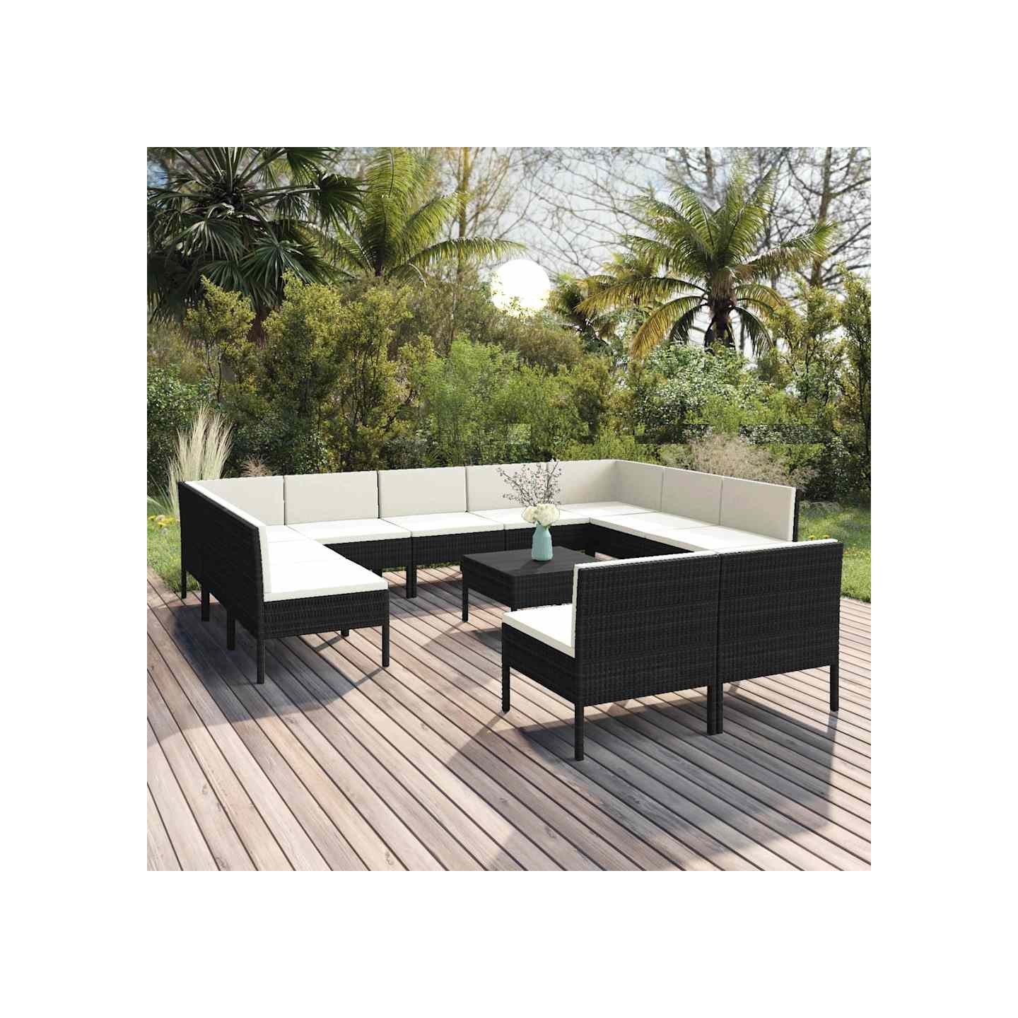 Salon de jardin 12 pcs avec coussins résine tressée noir