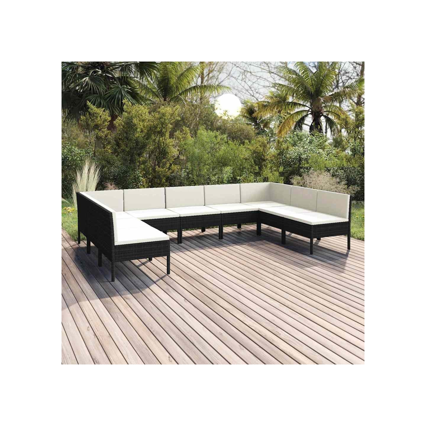 Salon de jardin 9 pcs avec coussins Résine tressée Noir