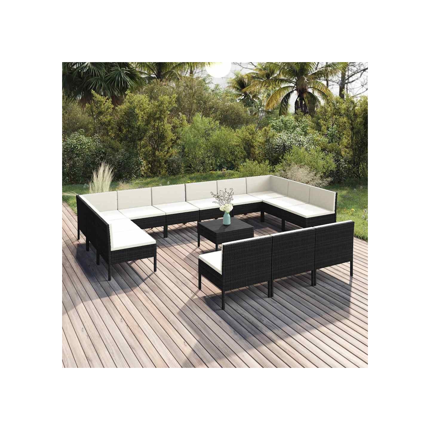 Salon de jardin 14 pcs avec coussins Résine tressée Noir