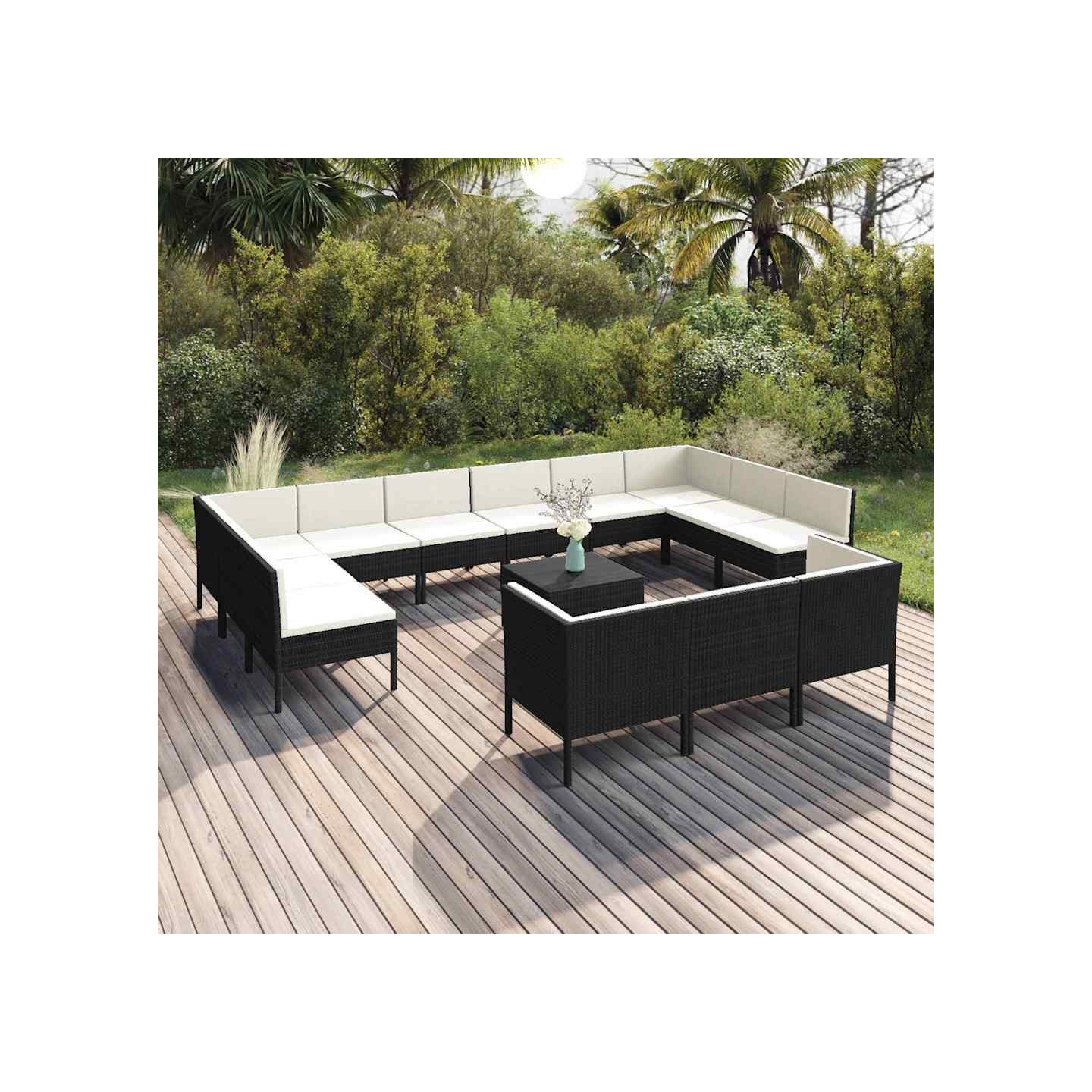 Salon de jardin 14 pcs avec coussins Résine tressée Noir