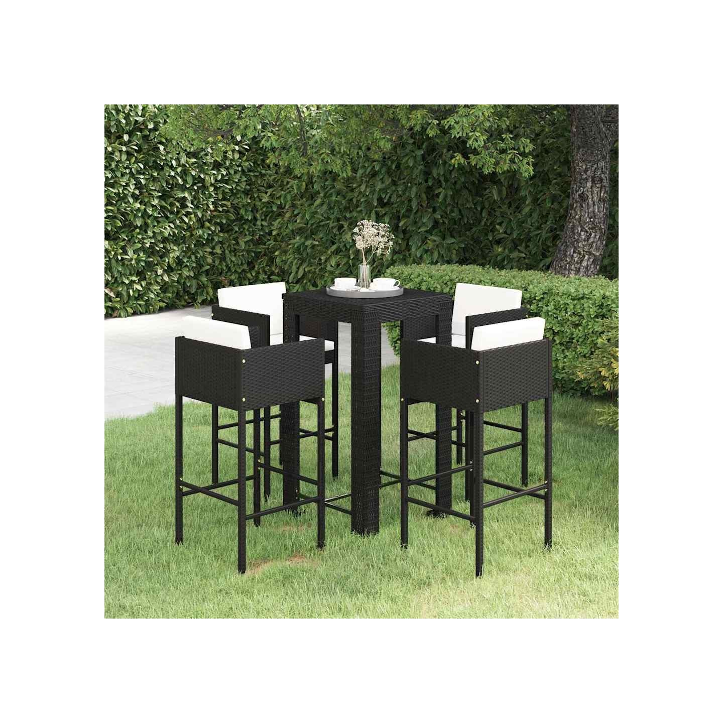 Ensemble de bar de jardin 5 pcs et coussins Résine tressée Noir