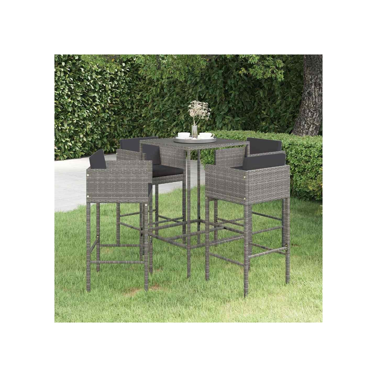Ensemble de bar de jardin 5 pcs et coussins Résine tressée Gris