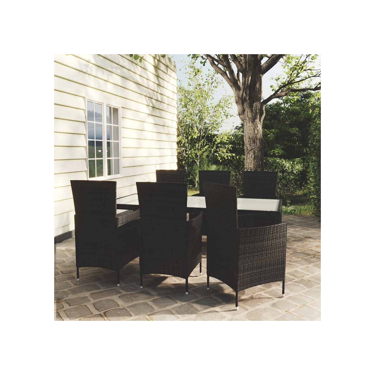 Salon de jardin 7 pcs avec coussins résine tressée noir