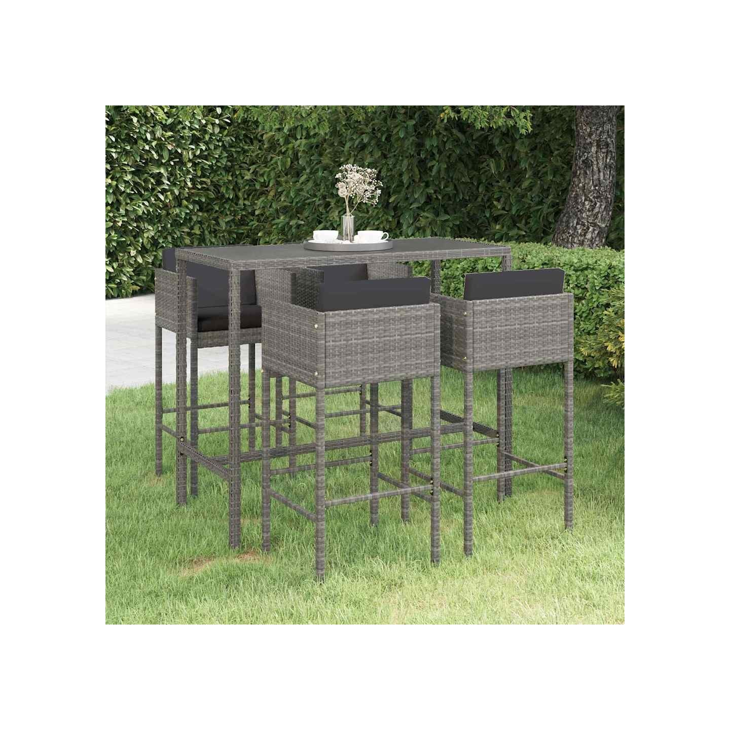 Ensemble de bar de jardin 5 pcs et coussins Résine tressée Gris