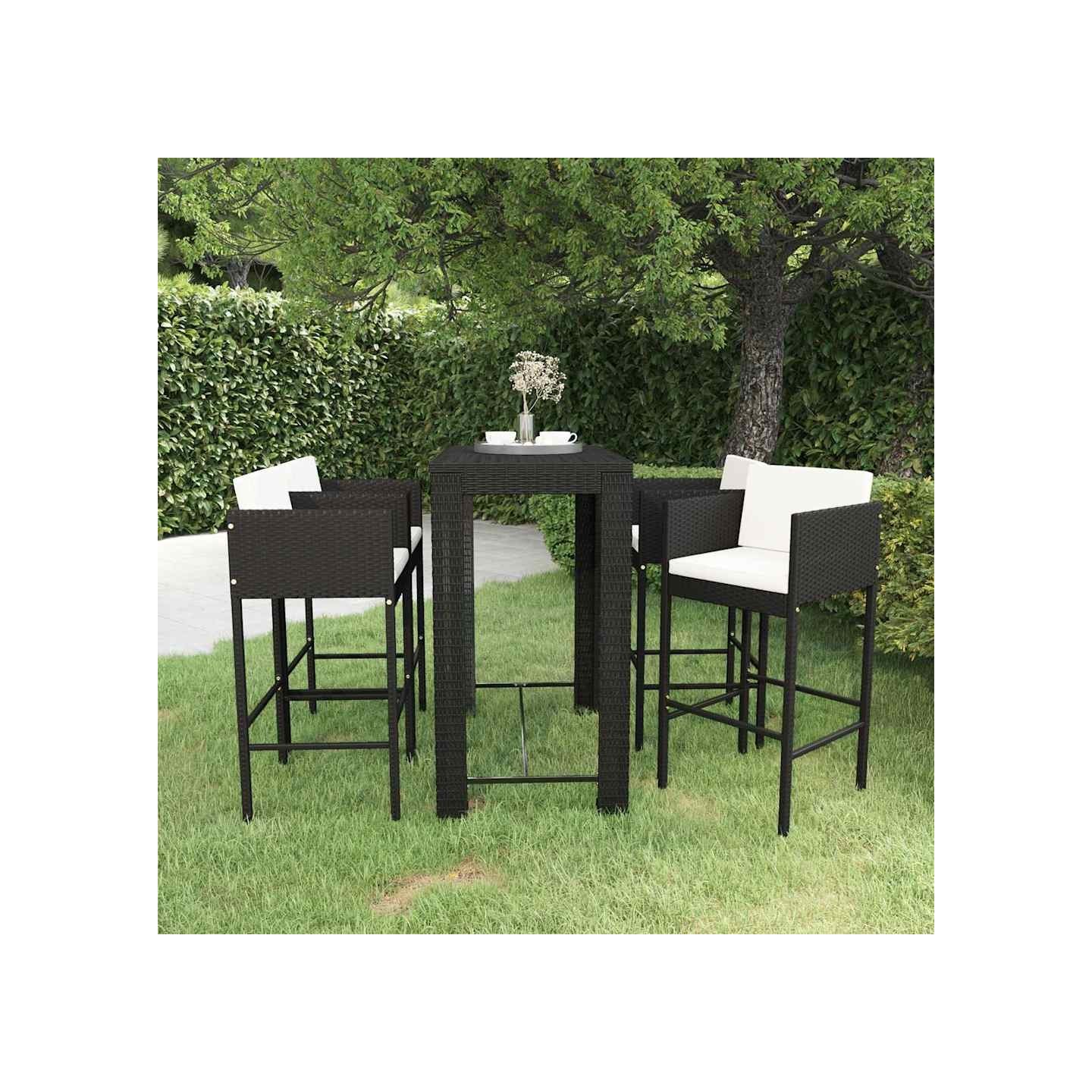 Ensemble de bar de jardin 5 pcs et coussins Résine tressée Noir