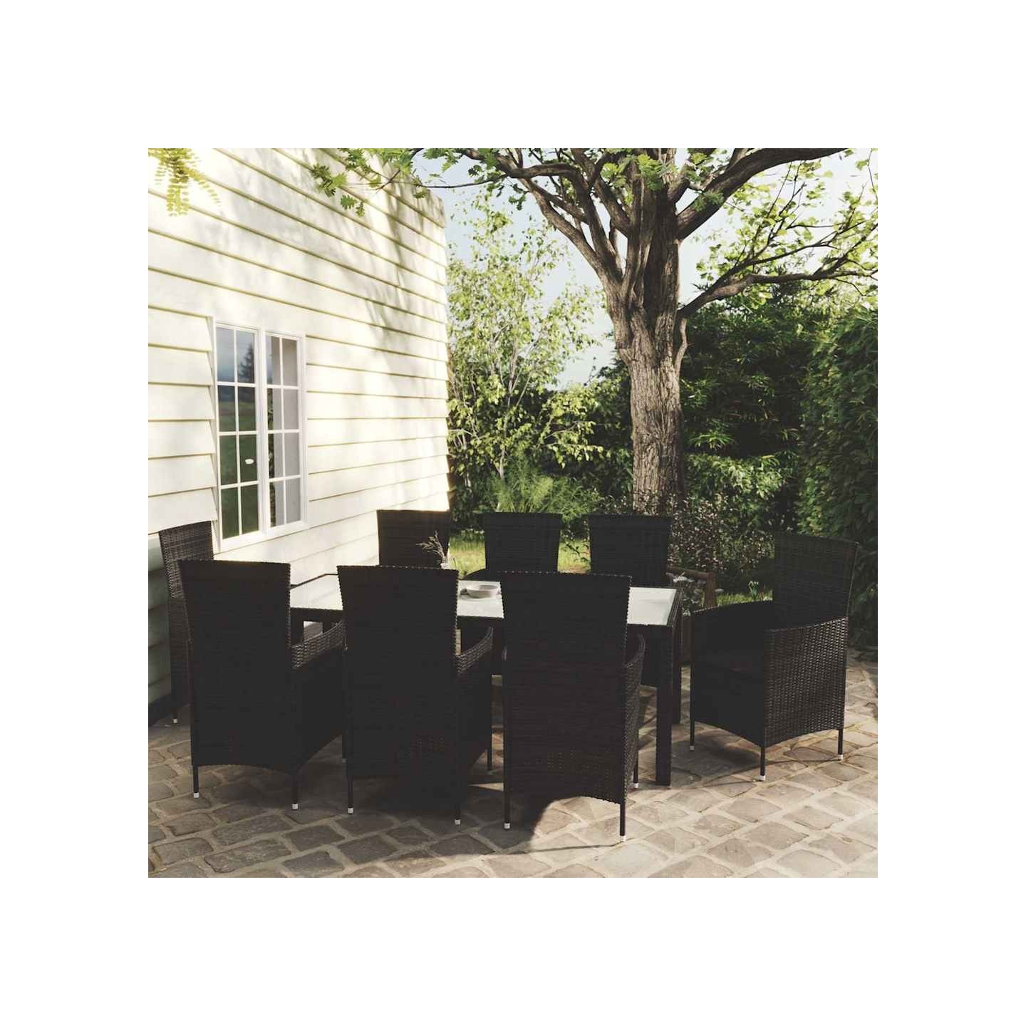 Ensemble à manger d'extérieur 9pcs coussins résine tressée noir