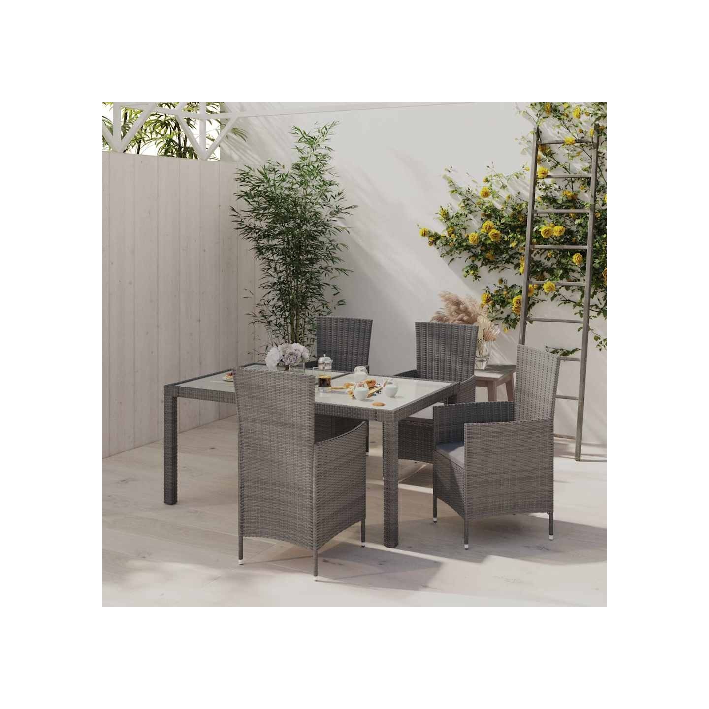 Ensemble à manger d'extérieur 5pcs coussins résine tressée gris