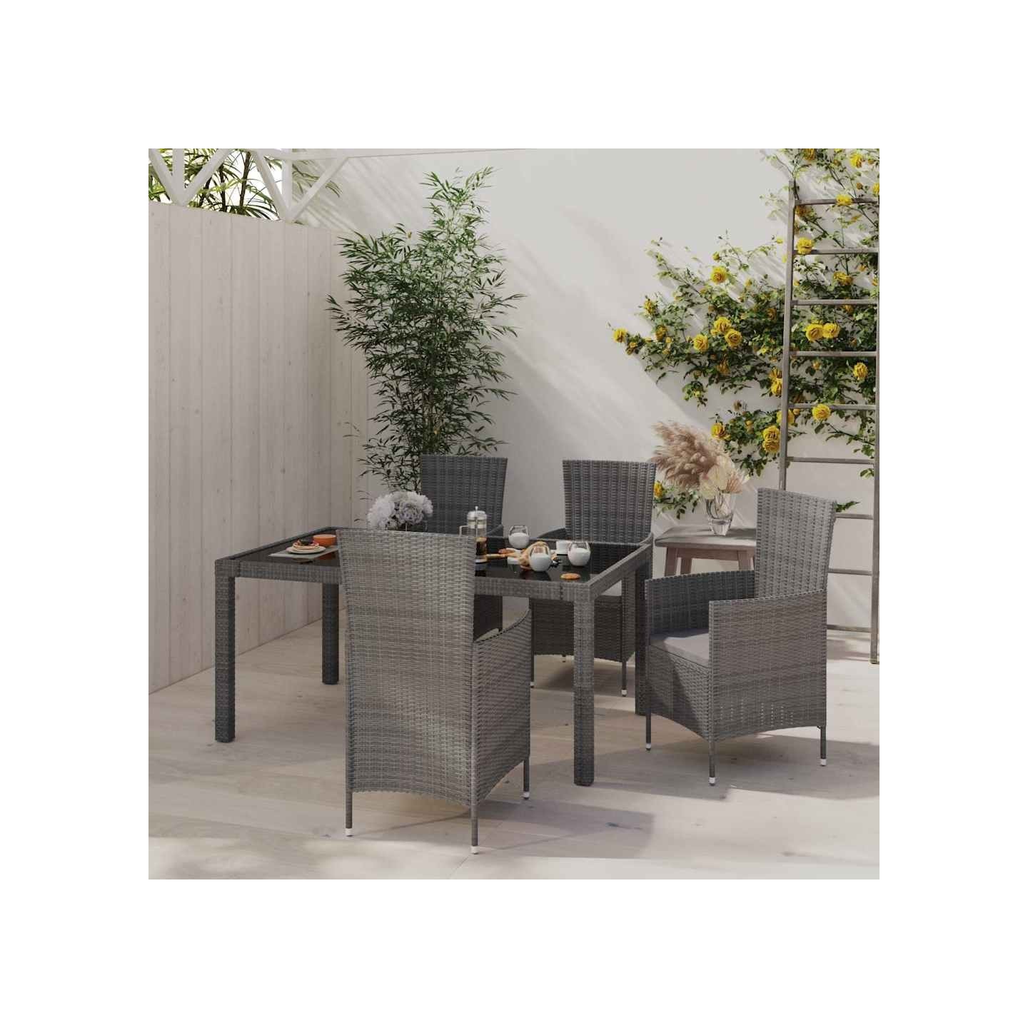 Ensemble à manger d'extérieur 5pcs coussins résine tressée gris