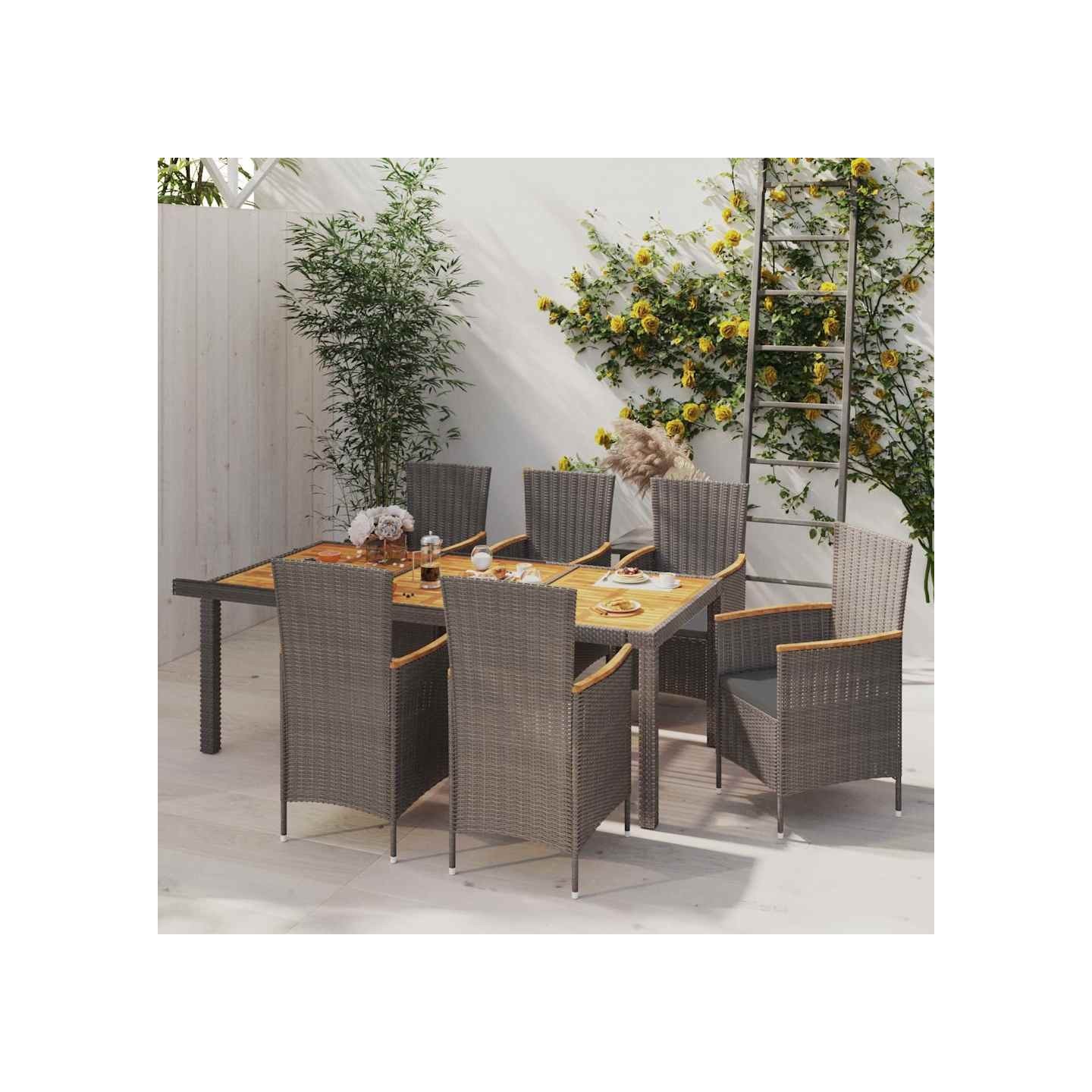Salon de jardin 7 pcs avec coussins Résine tressée Gris