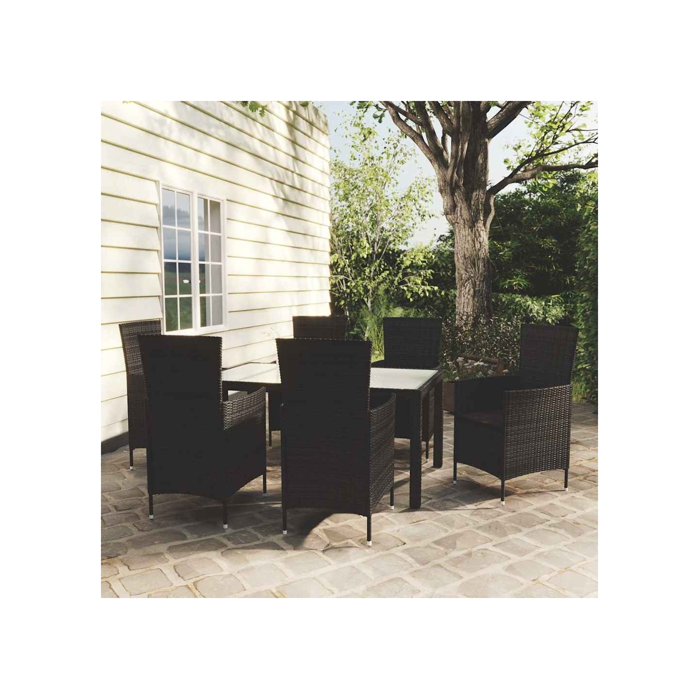 Salon de jardin 7 pcs avec coussins résine tressée noir