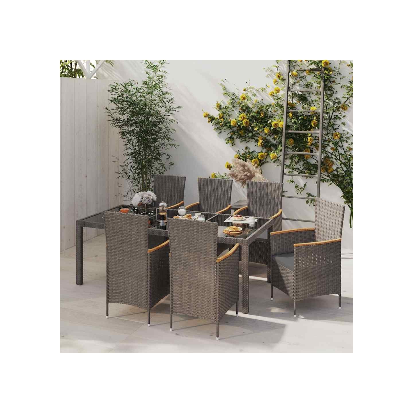 Ensemble à manger d'extérieur 7 pcs et coussins Résine tressée