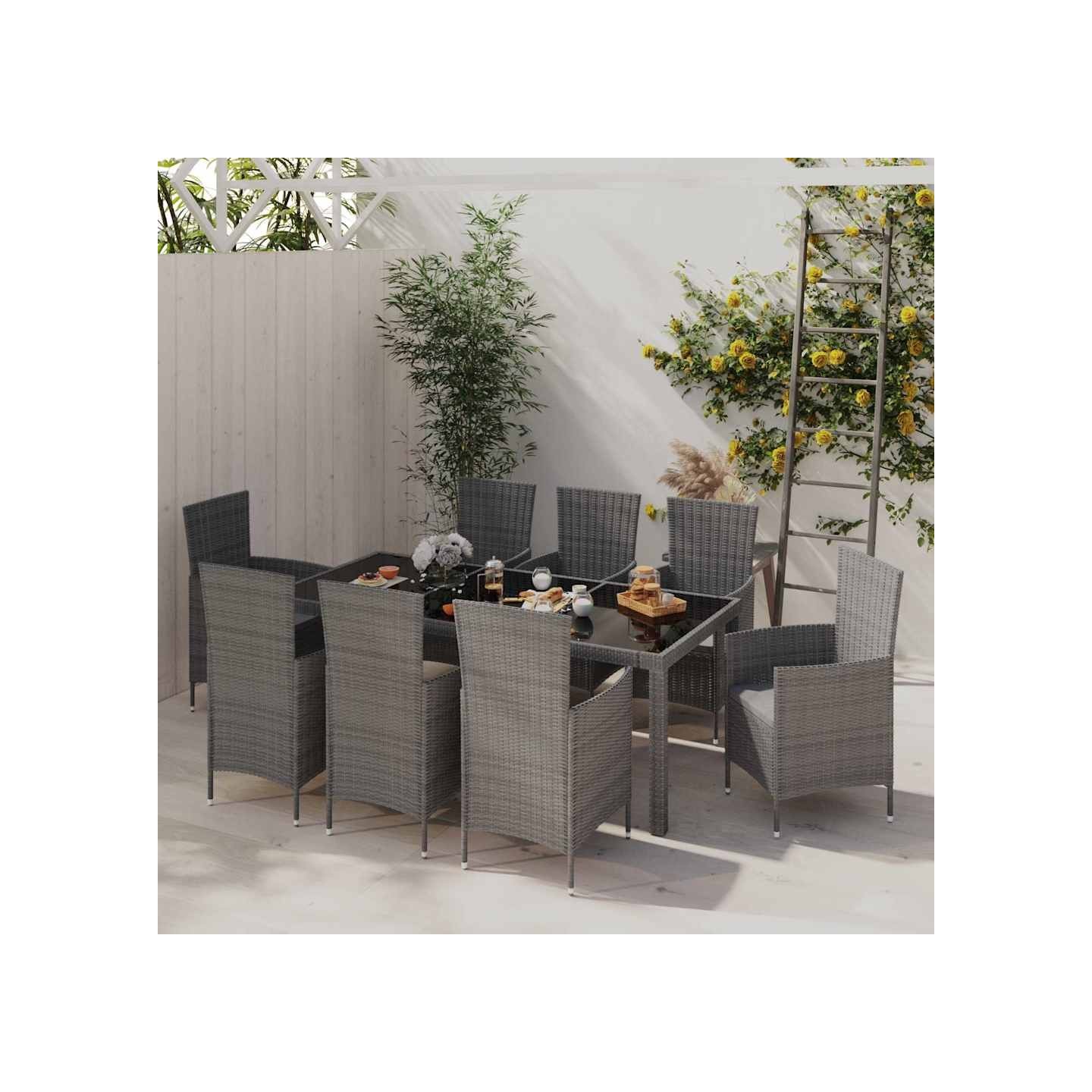 Ensemble à manger d'extérieur 9pcs coussins Résine tressée Gris