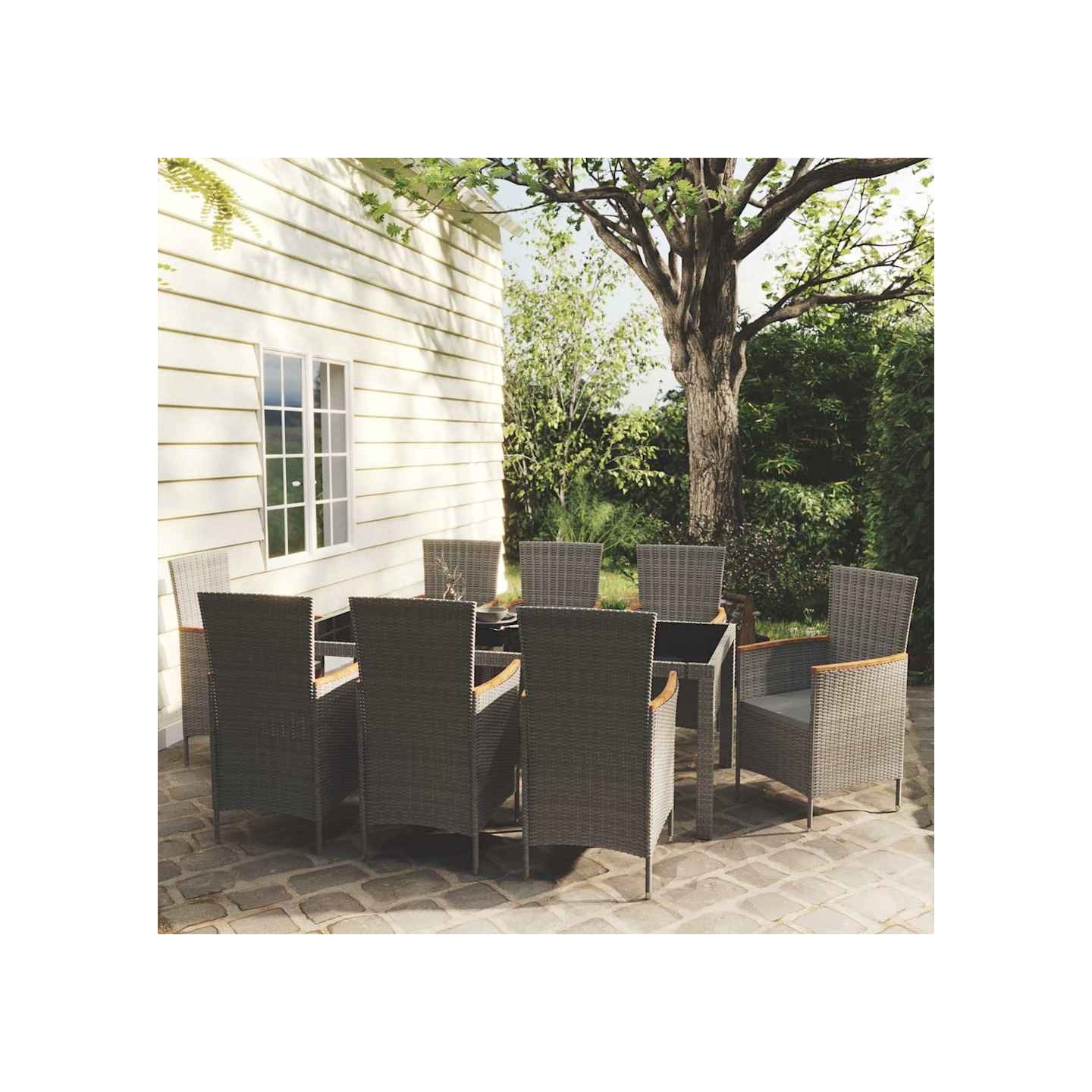 Ensemble à manger d'extérieur 9pcs coussins Résine tressée Gris