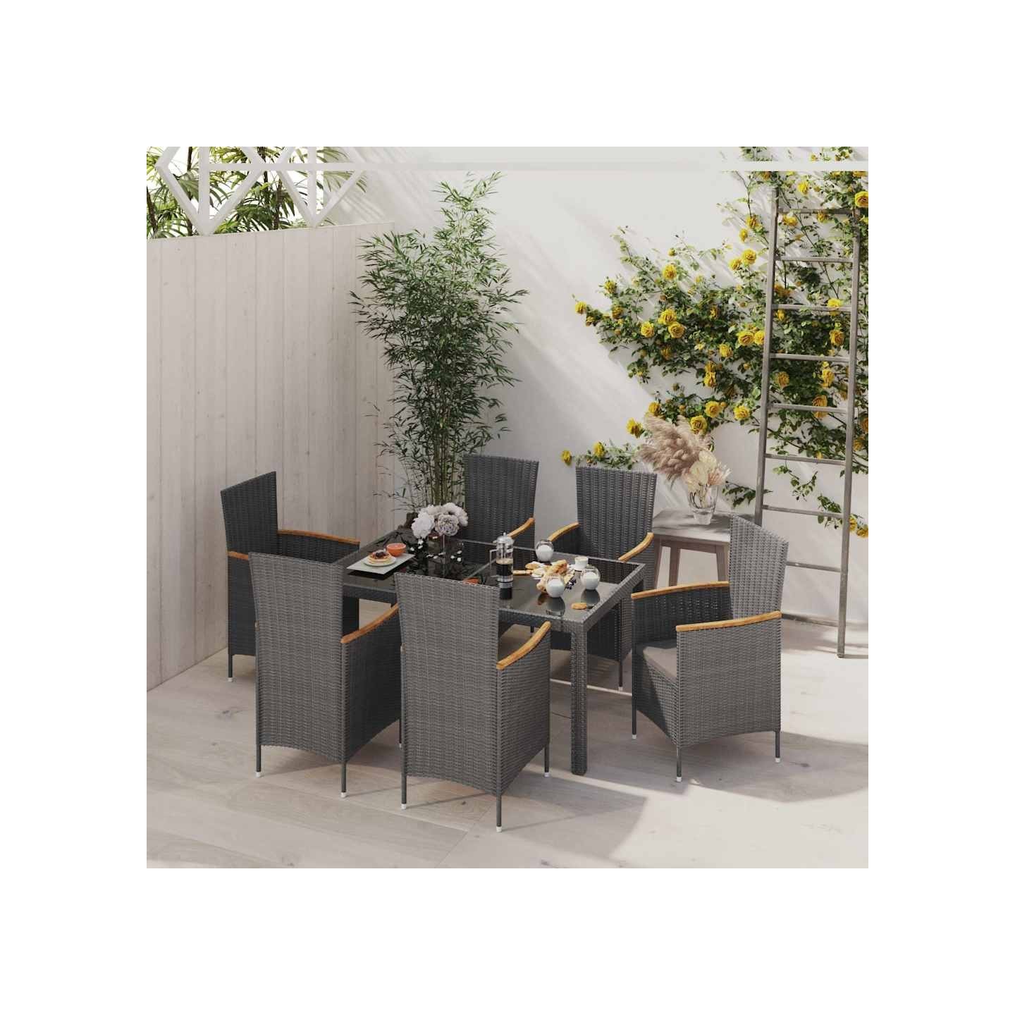 Ensemble à manger d'extérieur 7 pcs et coussins Résine tressée