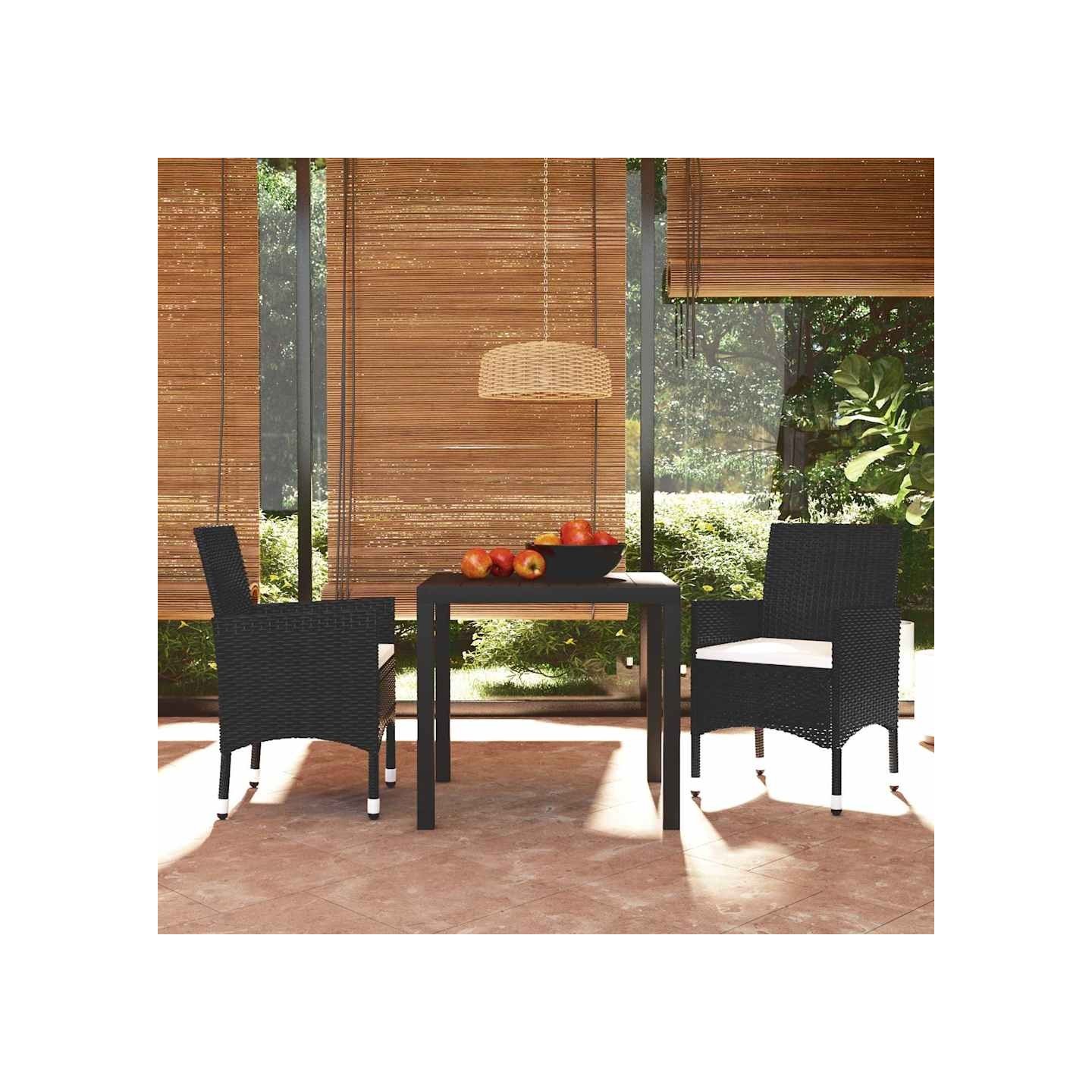 Ensemble à dîner de jardin avec coussins 3 pcs poly rotin noir