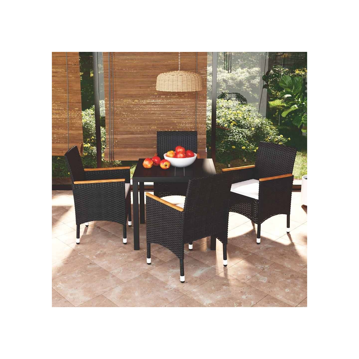 Ensemble à dîner de jardin avec coussins 5 pcs poly rotin noir