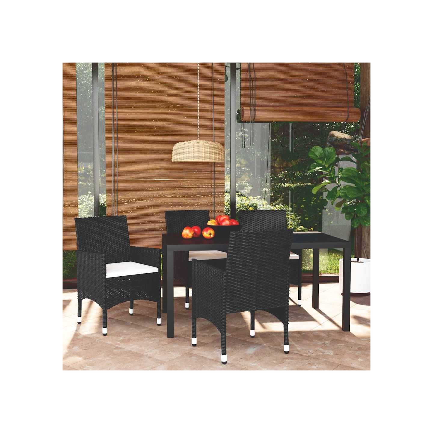 Ensemble à dîner de jardin avec coussins 5 pcs poly rotin noir
