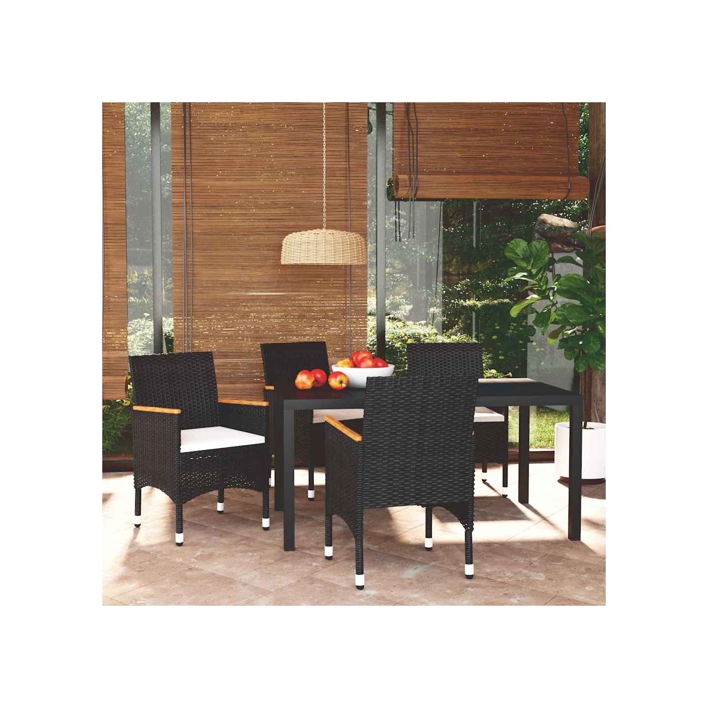 Ensemble à dîner de jardin avec coussins 5 pcs poly rotin noir