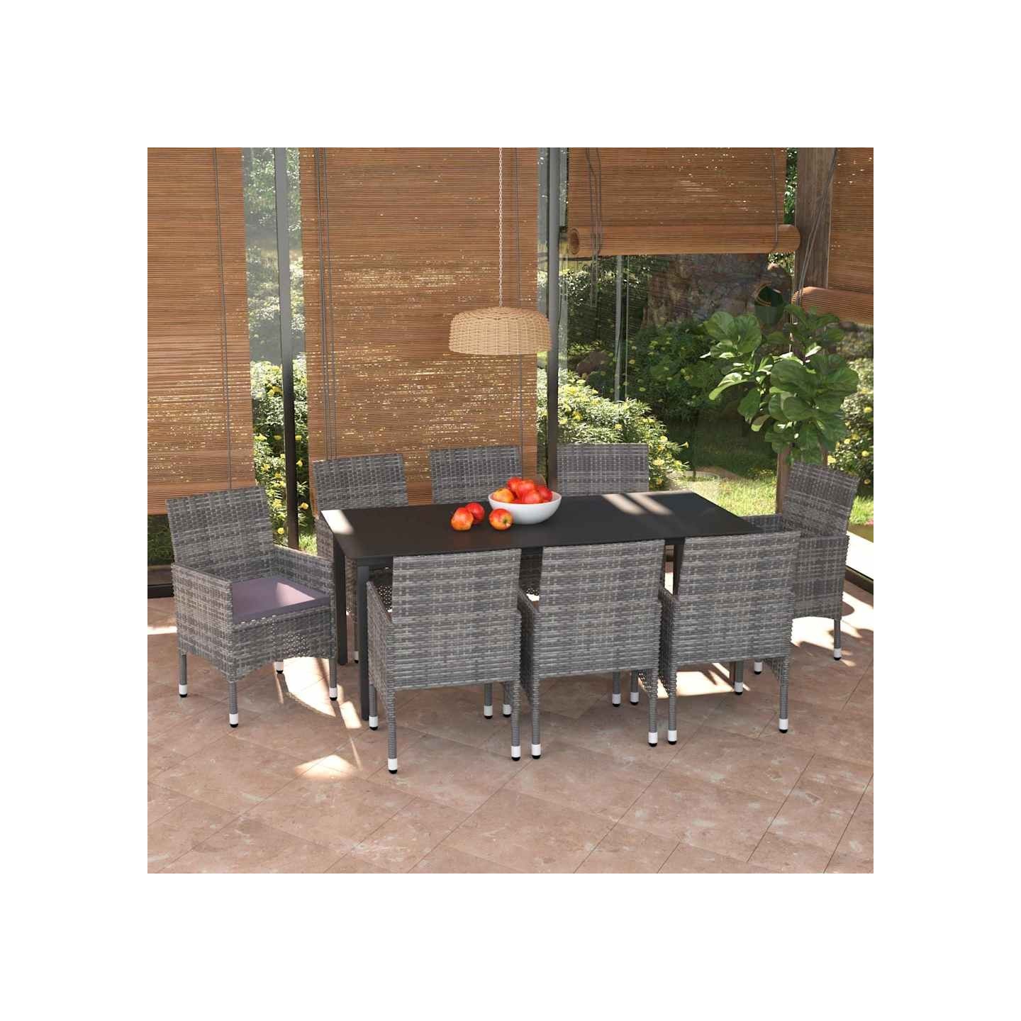 Ensemble à manger de jardin et coussins 9 pcs Poly rotin Gris