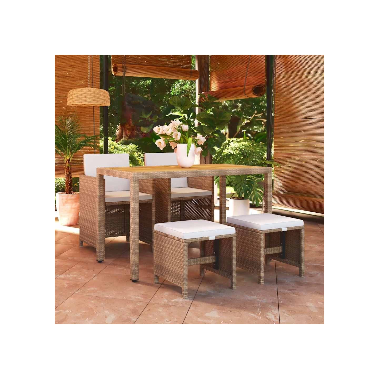 Ensemble à manger de jardin et coussins 5 pcs Poly rotin Beige