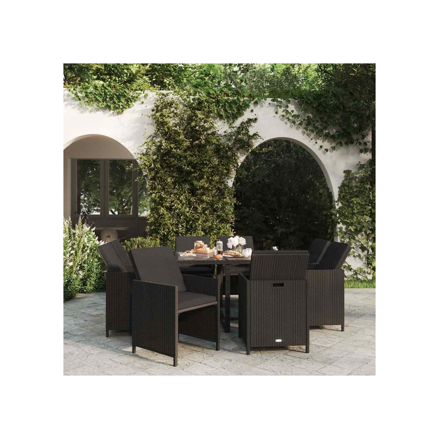 Ensemble à manger de jardin coussins 9pcs Résine tressée Noir