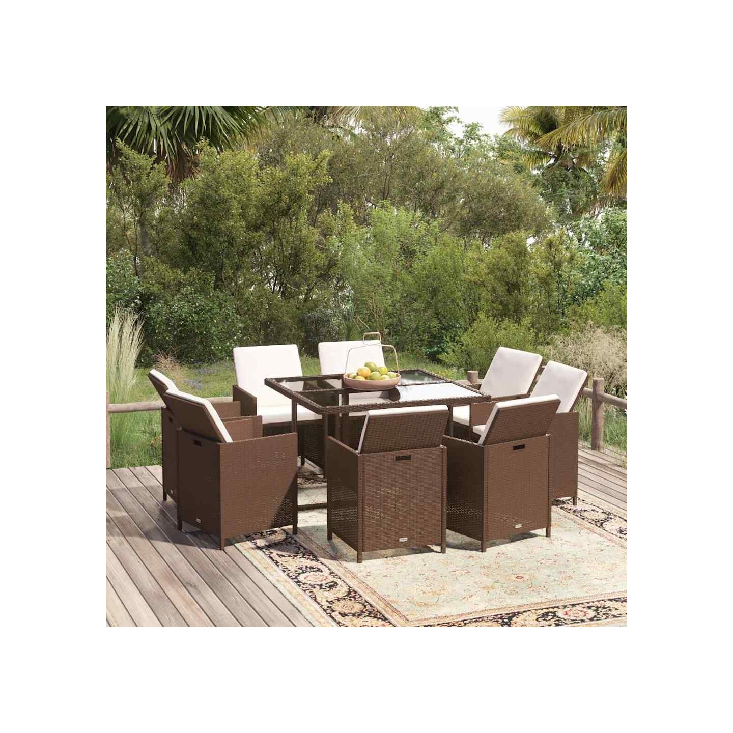 Ensemble à manger de jardin et coussins 9 pcs Poly rotin Marron