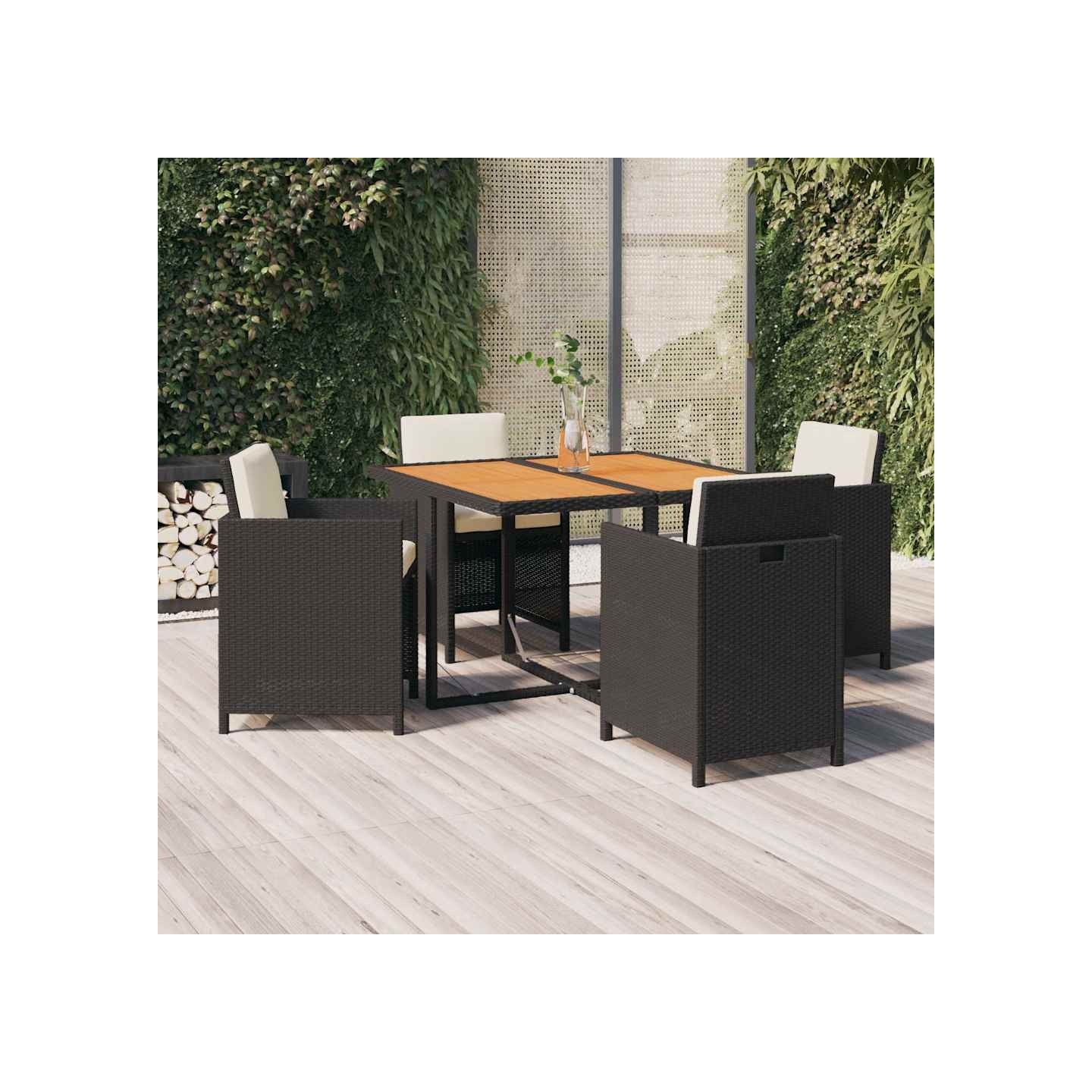 Ensemble à dîner de jardin avec coussins 5 pcs poly rotin noir
