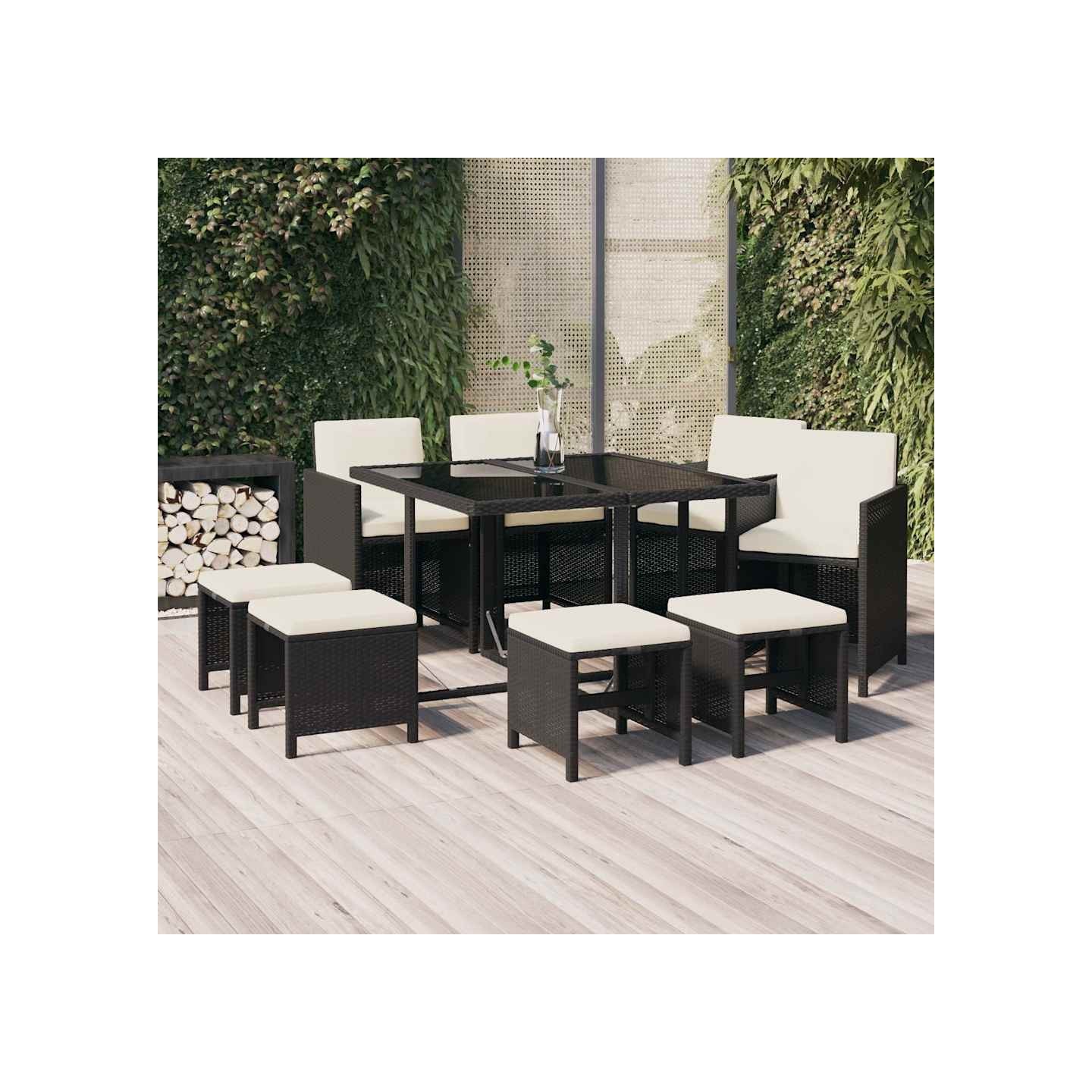 Ensemble à manger de jardin coussins 9pcs Résine tressée Noir