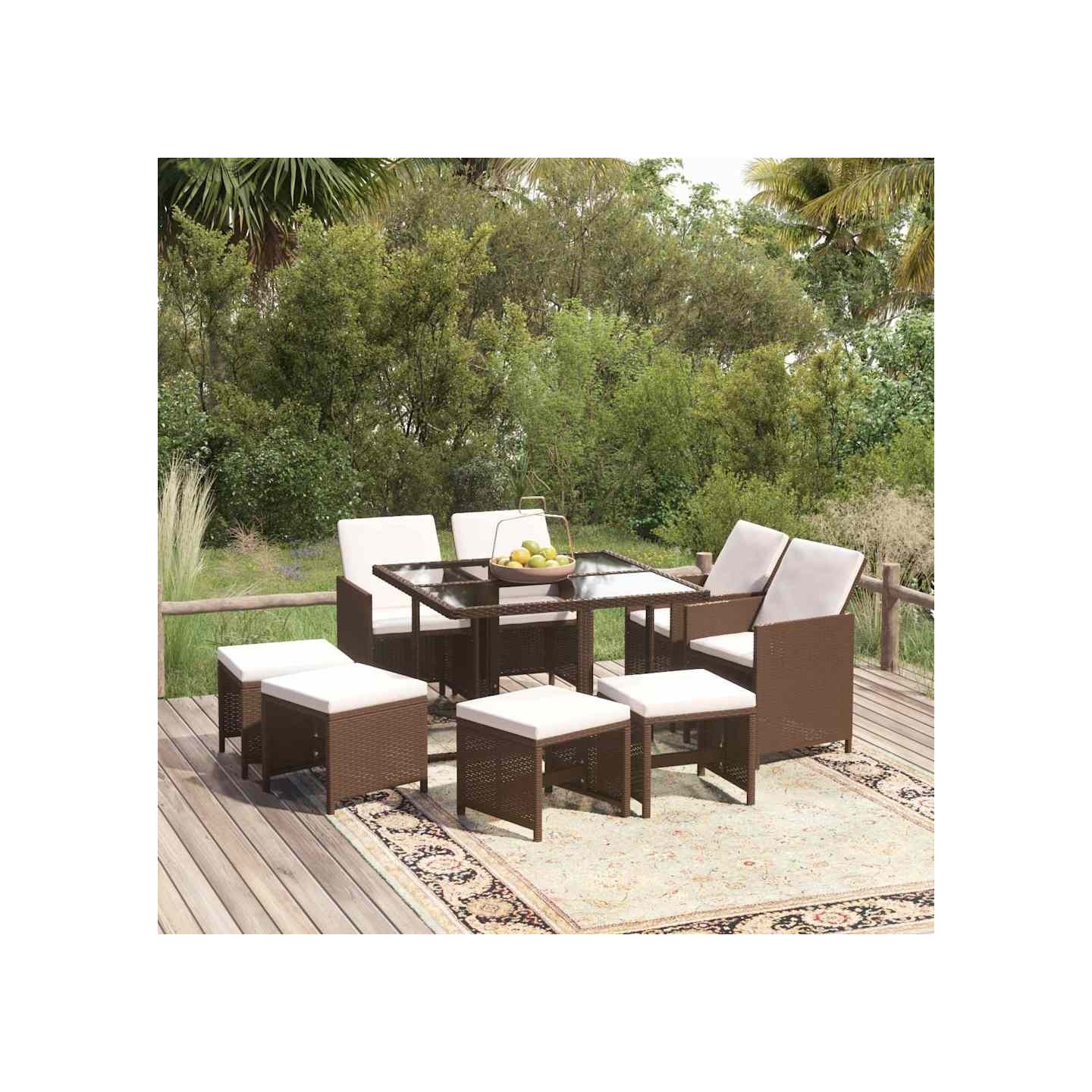 Ensemble à manger de jardin et coussins 9 pcs Poly rotin Marron