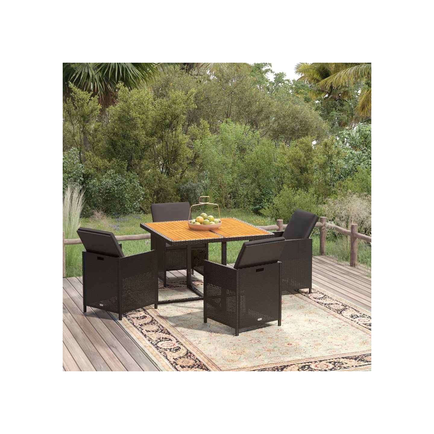 Ensemble à dîner de jardin avec coussins 5 pcs poly rotin noir
