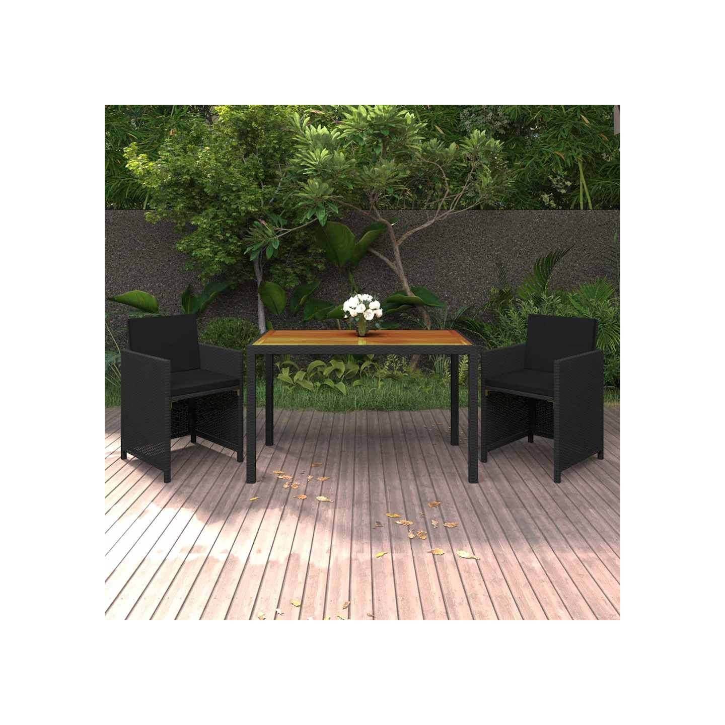 Ensemble à dîner de jardin avec coussins 3 pcs poly rotin noir