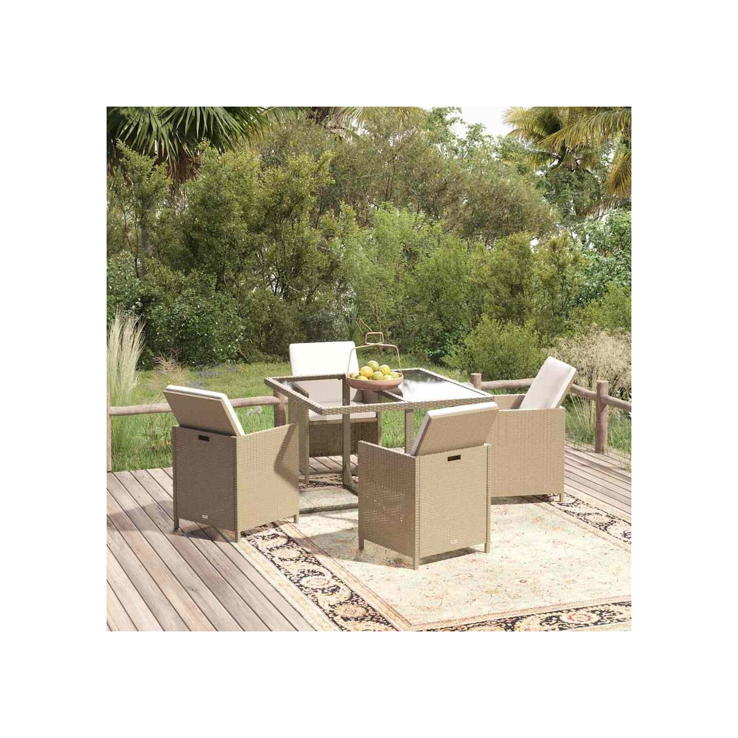 Ensemble à manger de jardin et coussins 5 pcs Poly rotin Beige