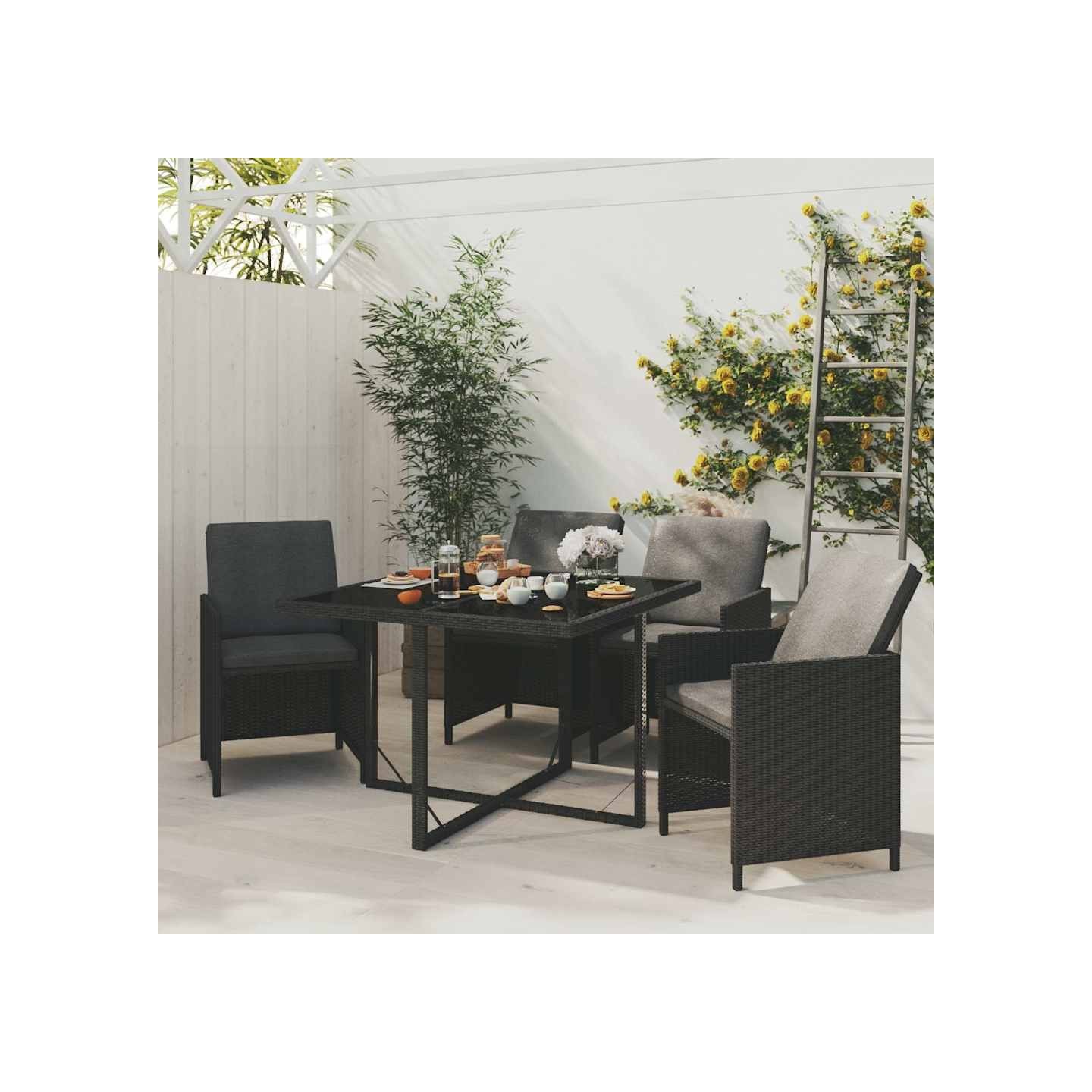 Ensemble à dîner de jardin avec coussins 5 pcs poly rotin noir