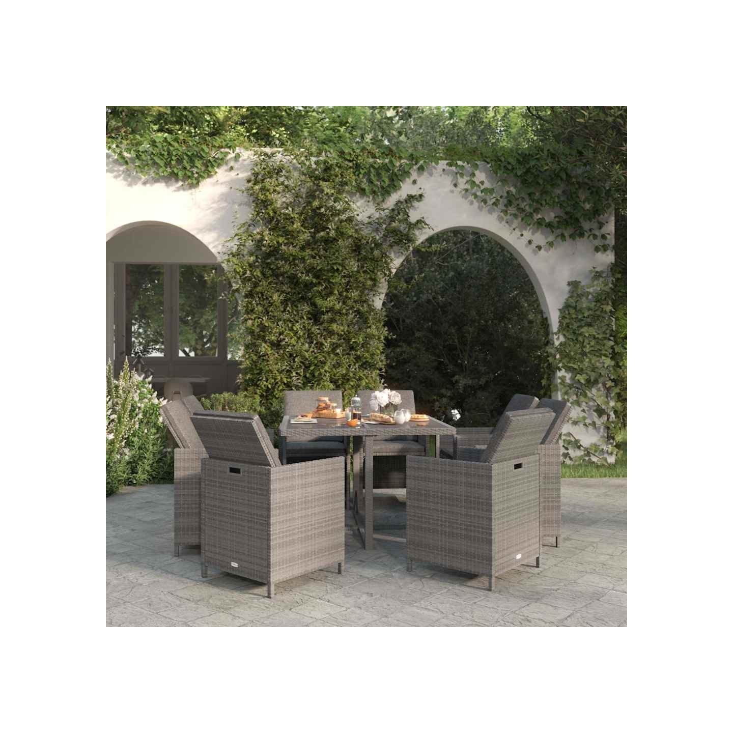 Ensemble à manger de jardin coussins 9pcs Résine tressée Gris