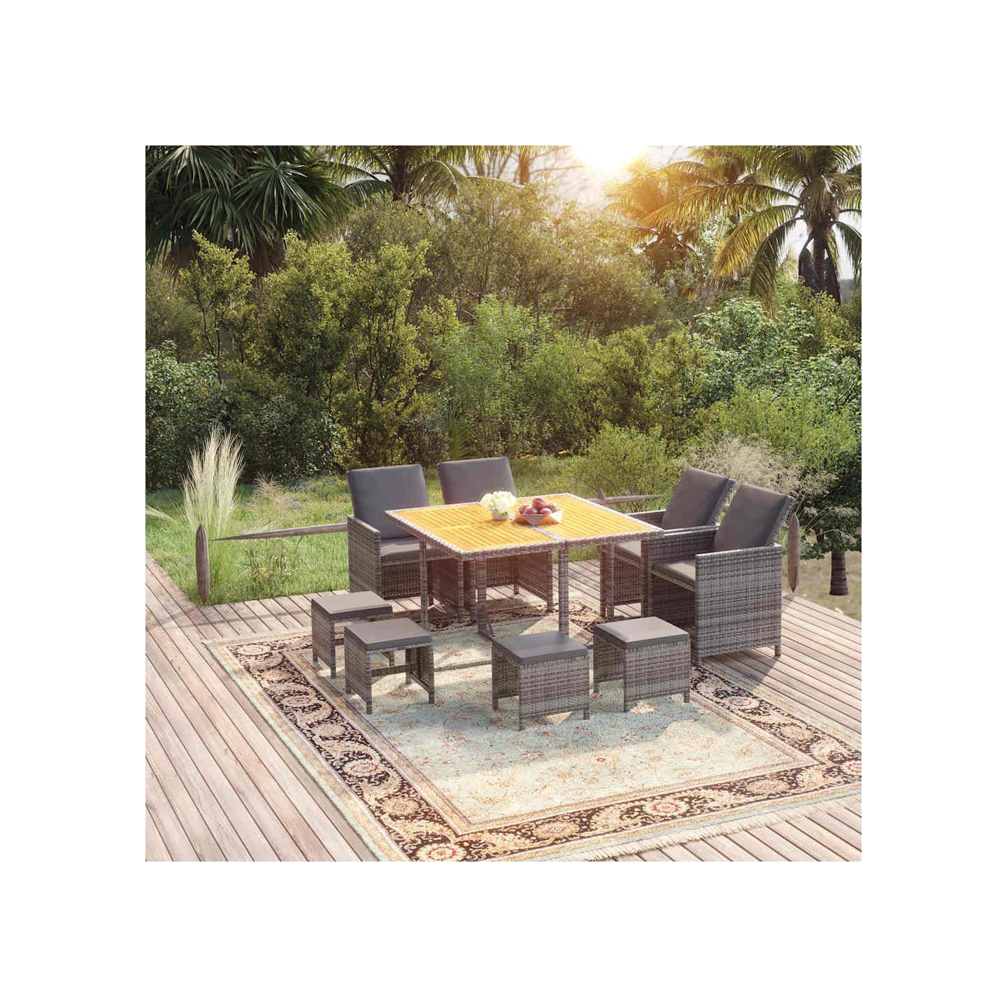 Ensemble à manger de jardin coussins 9pcs Résine tressée Gris