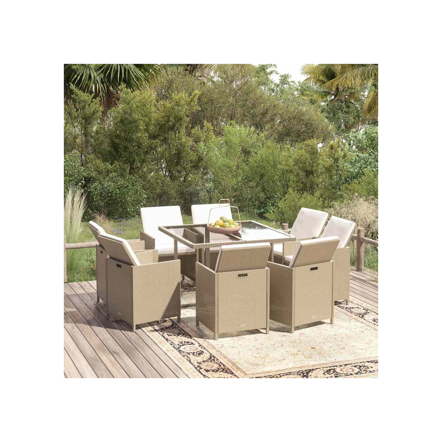 Ensemble à manger de jardin et coussins 9 pcs Poly rotin Beige