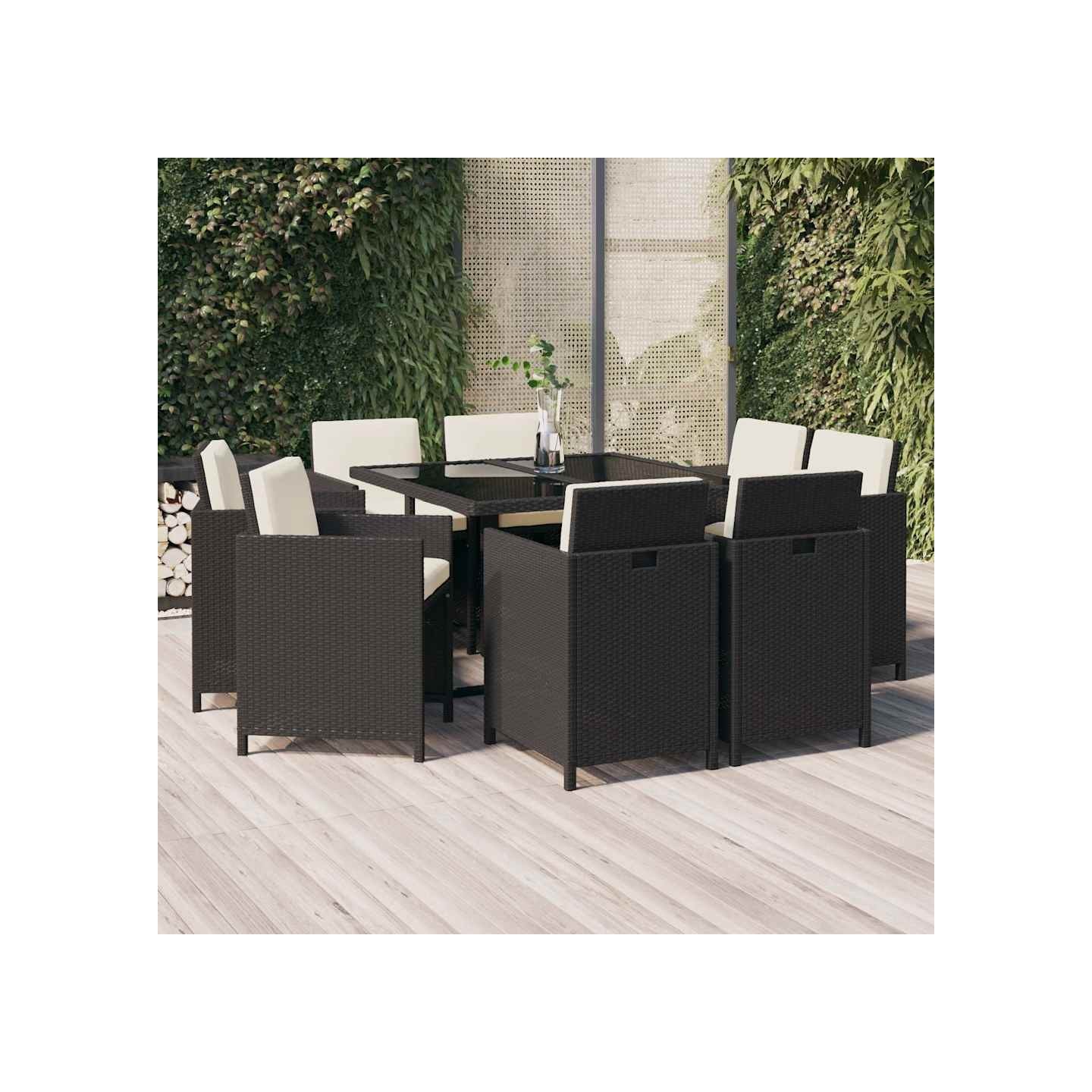 Ensemble à manger de jardin coussins 9pcs Résine tressée Noir