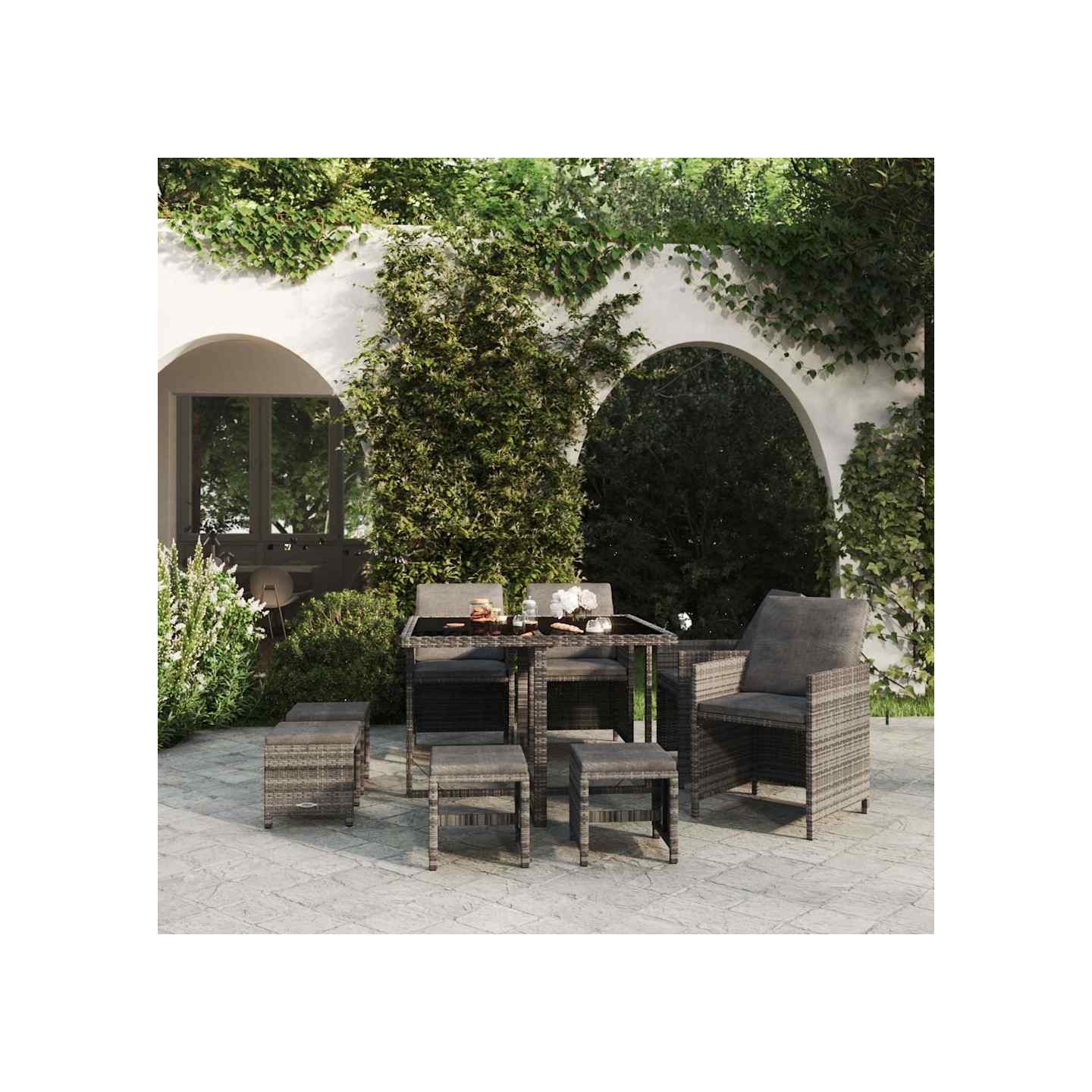 Ensemble à manger de jardin coussins 9pcs Résine tressée Gris