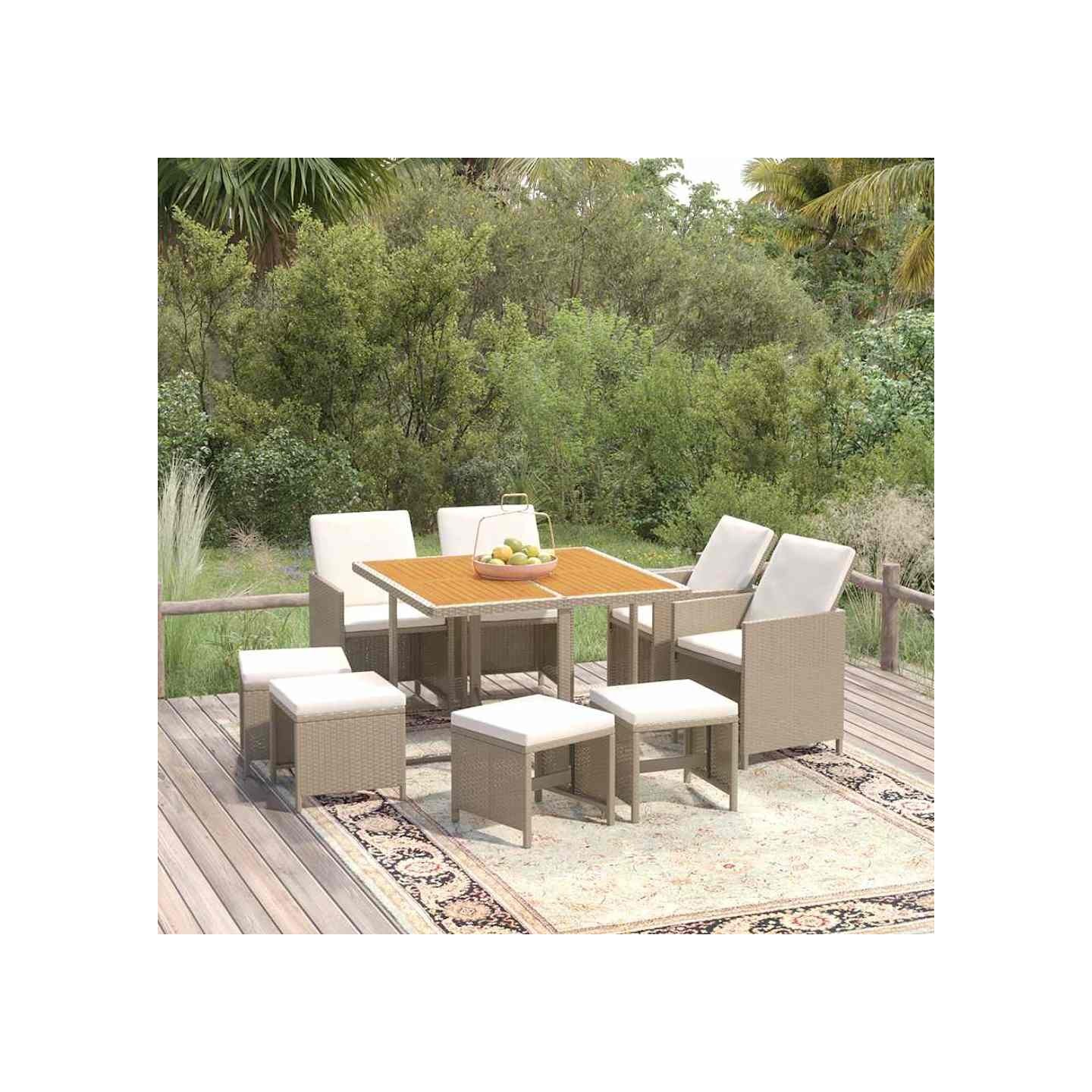 Ensemble à manger de jardin et coussins 9 pcs Poly rotin Beige